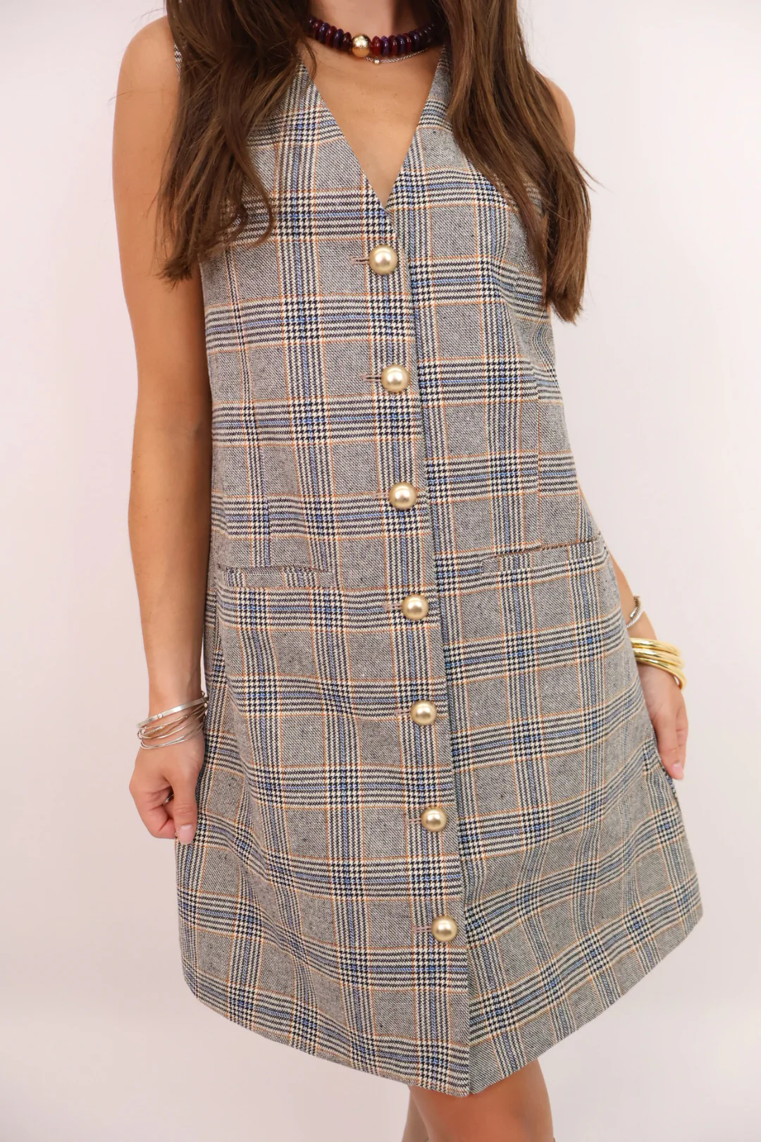 Plaid Button-Front Tailored Dress