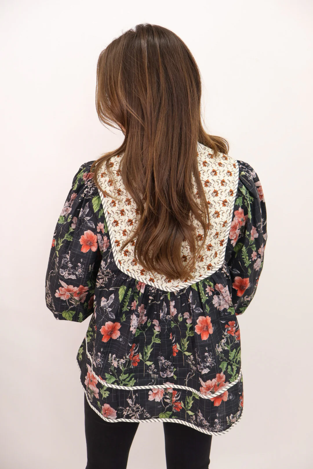 Black Floral Contrast Collar Top
