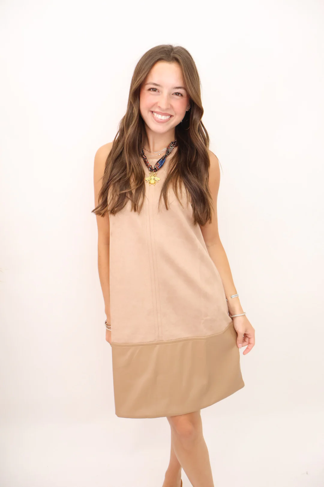 Camel Faux Suede and Leather Shift Dress