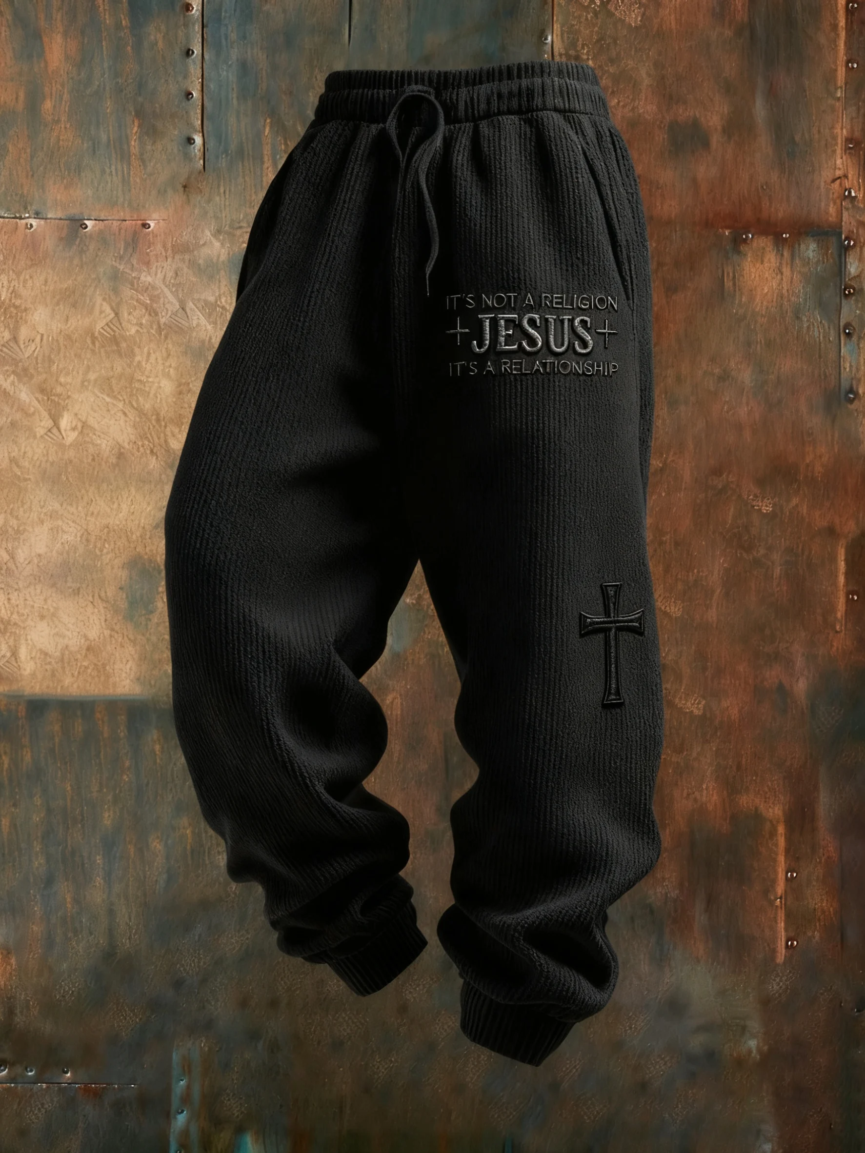 Men's It'S Not A Religion Jesus It'S A Relationship Print Textured Casual Loose Sweatpants