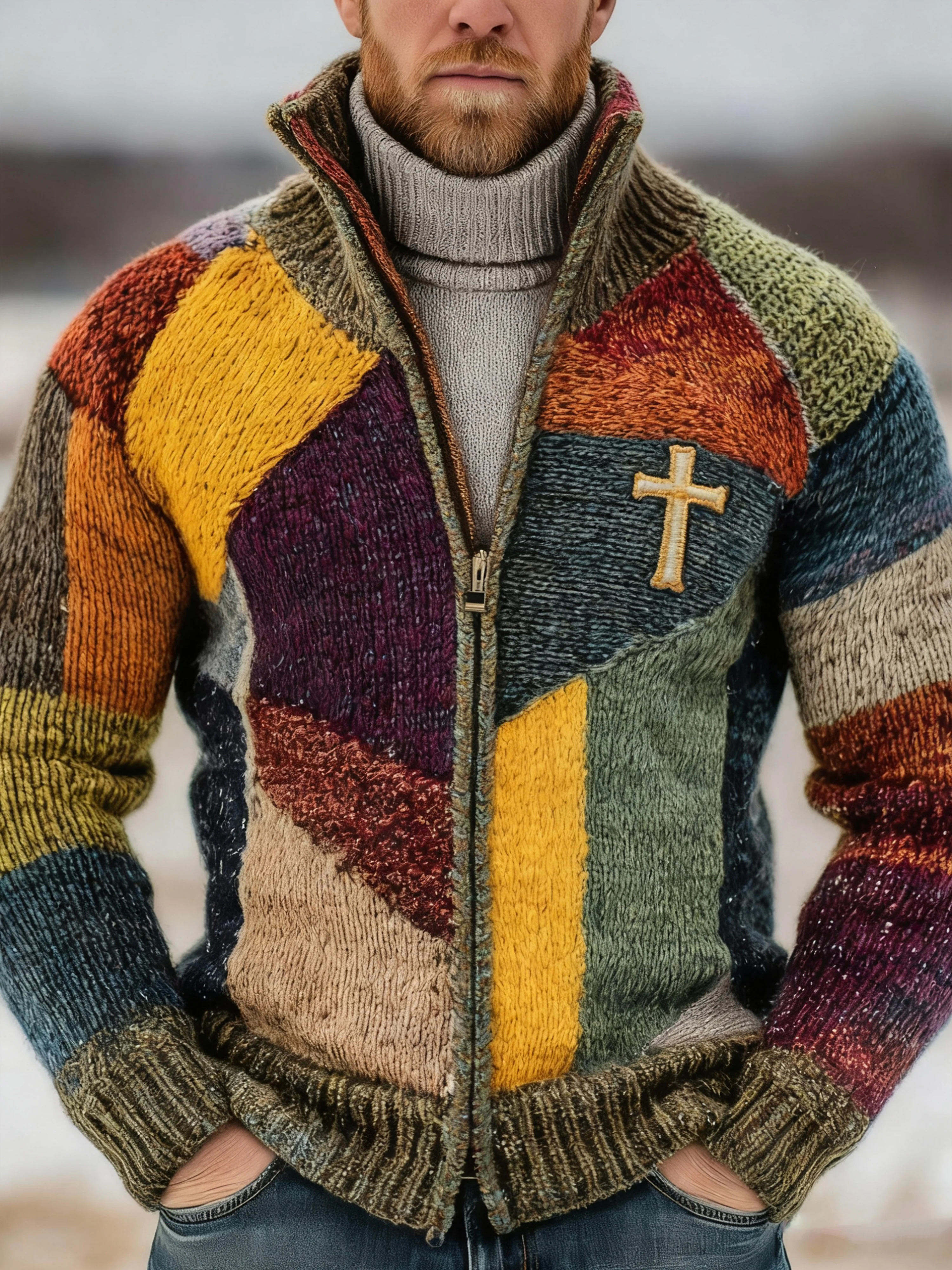 Men's winter patchwork contrast color cross print cardigan