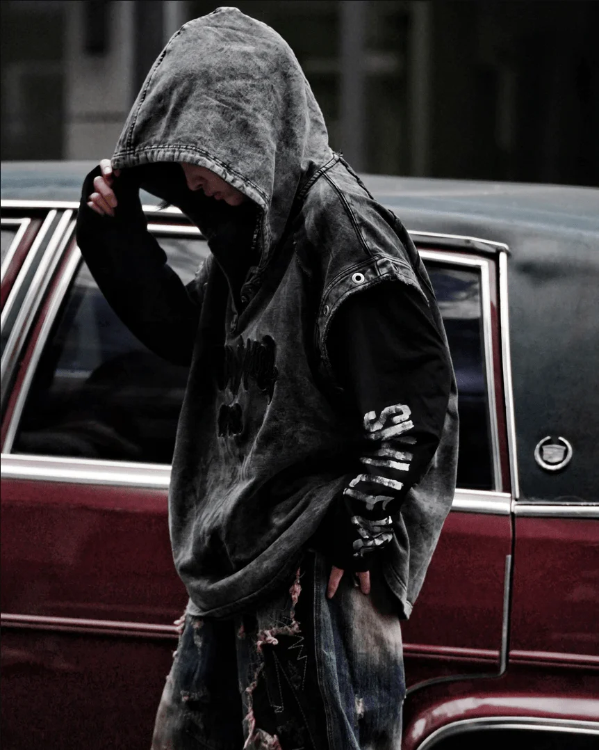 Gothic Distressed Sleeveless Hoodie Vest