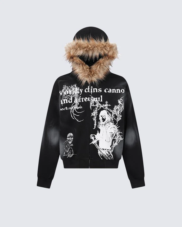 Vintage Zipper Faux Fur Hoodie