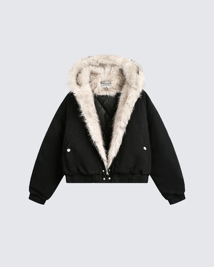 Structured Faux Fur Collar Padded Hooded Jacket