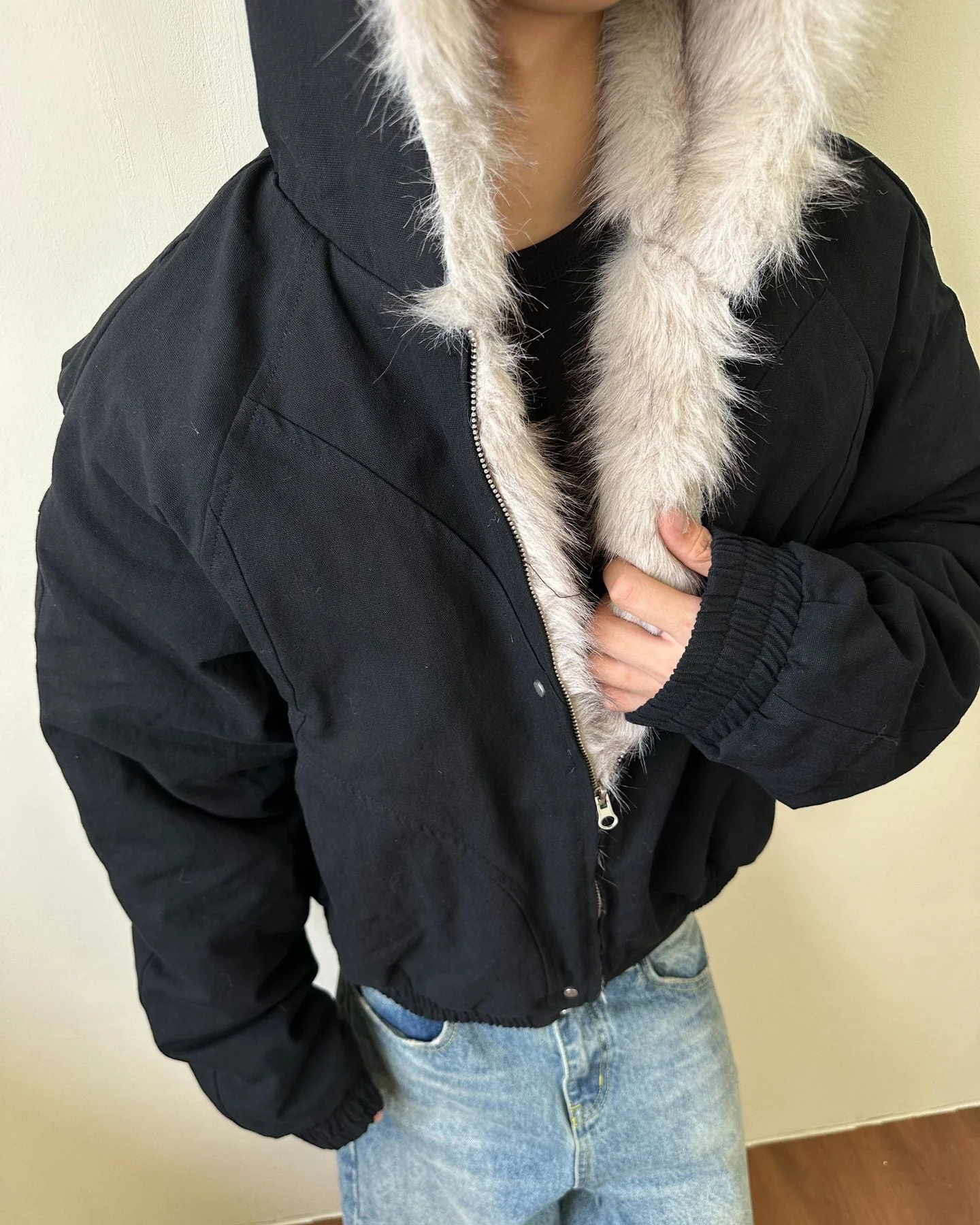 Structured Faux Fur Collar Padded Hooded Jacket