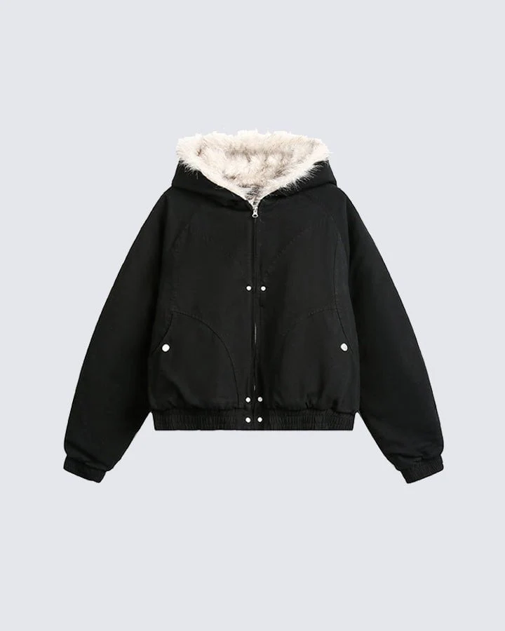 Structured Faux Fur Collar Padded Hooded Jacket