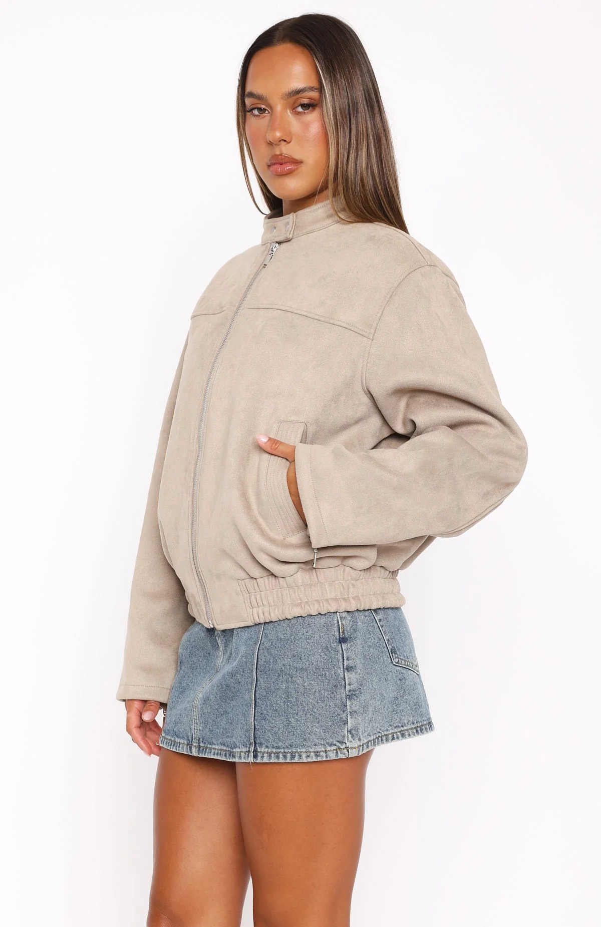 Watchin' Out Faux Suede Bomber Jacket Sand