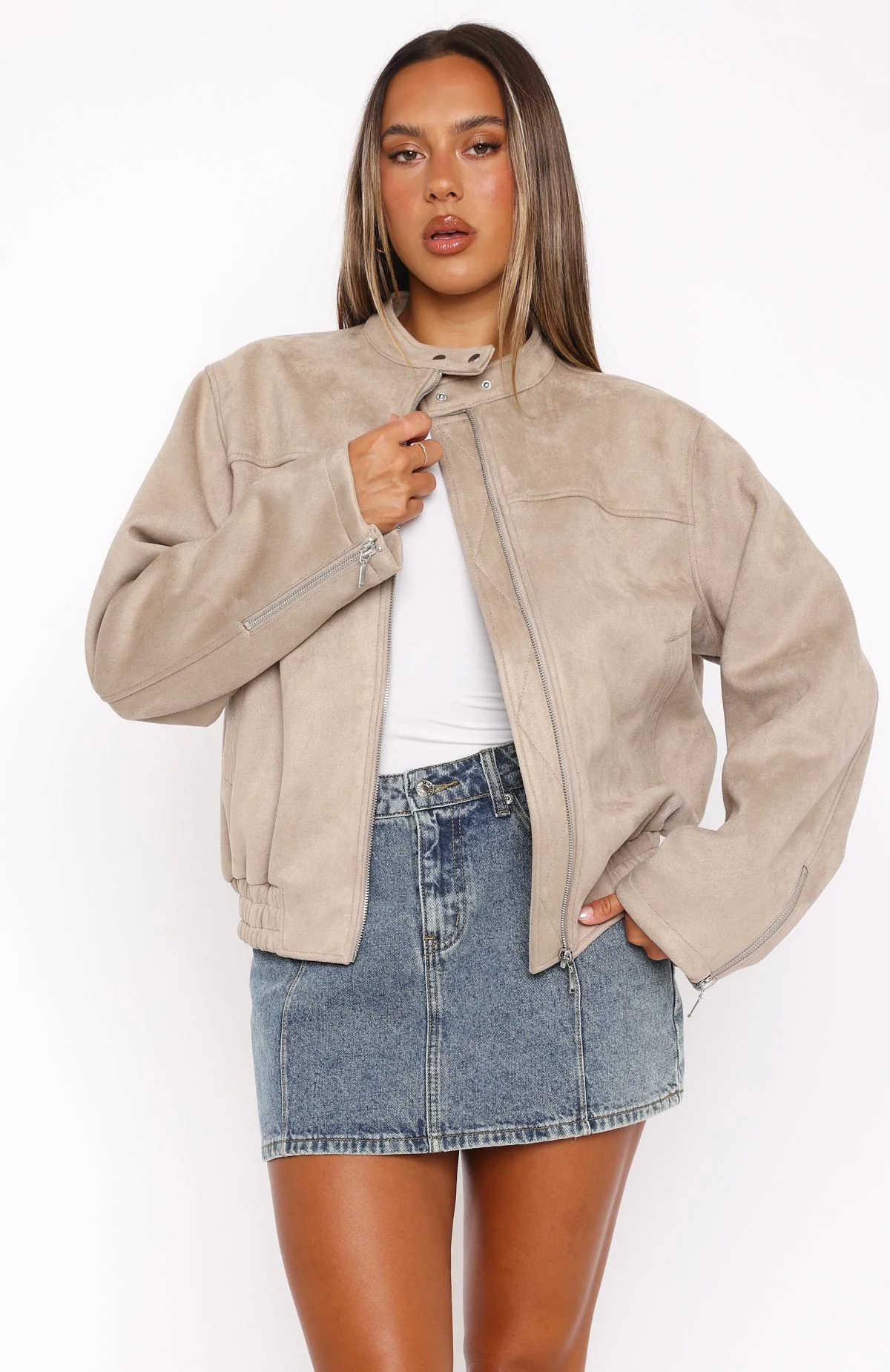 Watchin' Out Faux Suede Bomber Jacket Sand