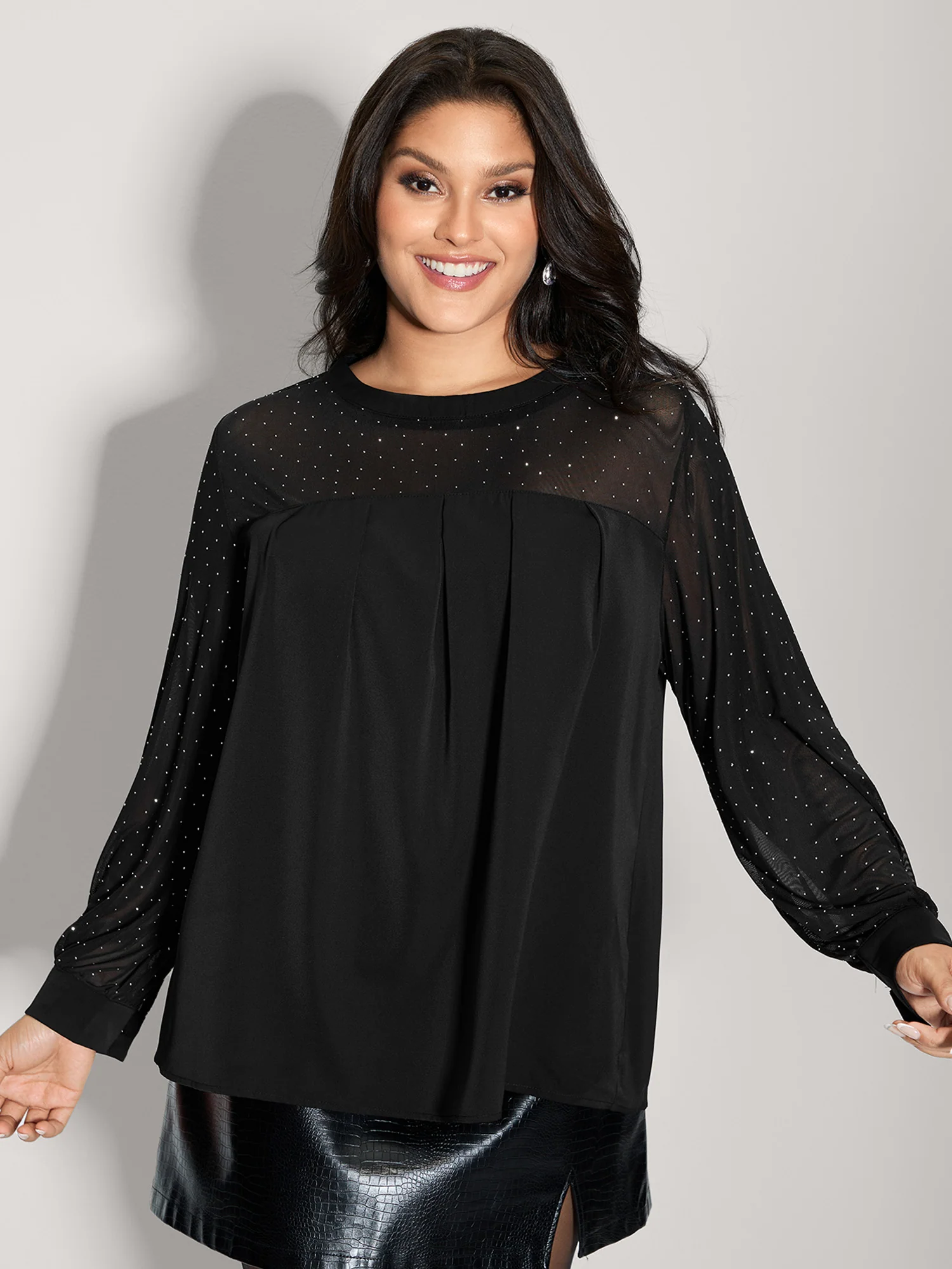 Hotfix Rhinestones Sheer Blouse