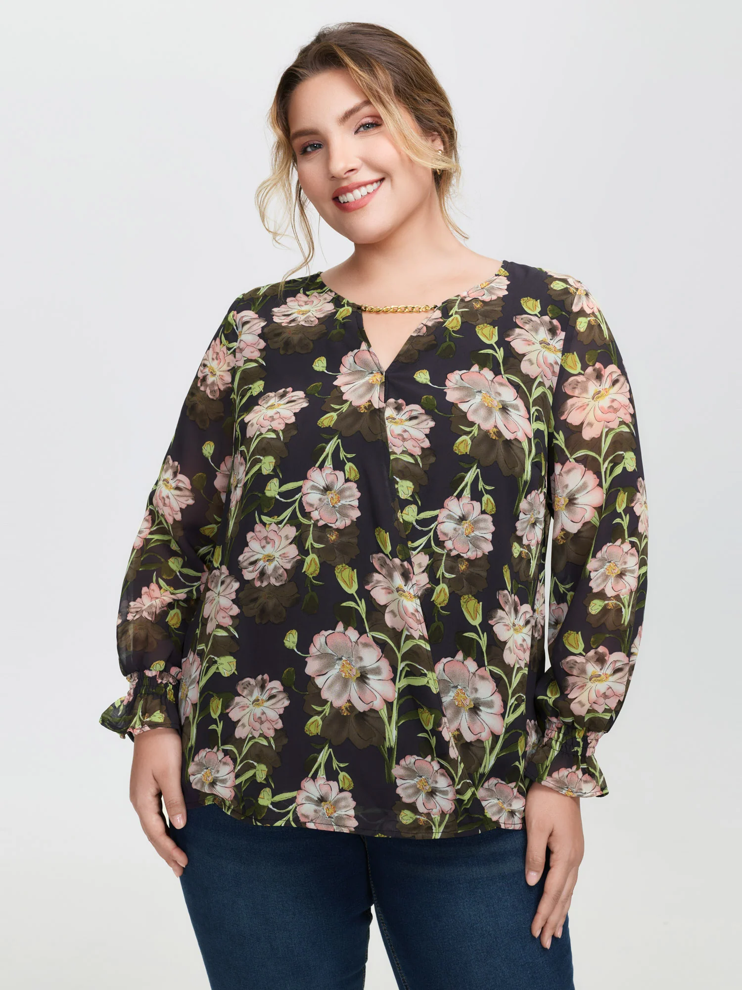 Sheer Floral Ruffled Cuff Metal Detail Blouse