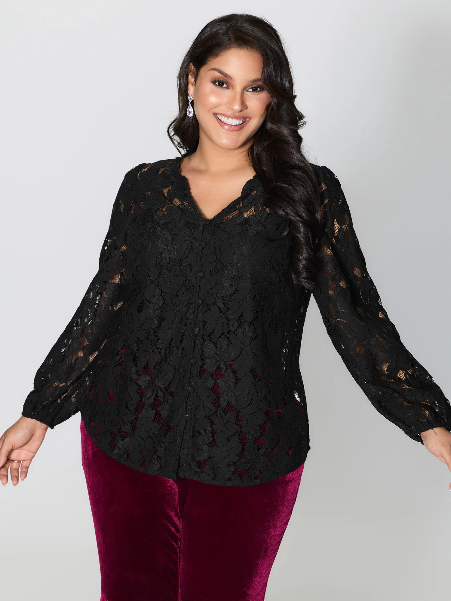 Lace Trim Sheer Ruffled Collar Button Shirt