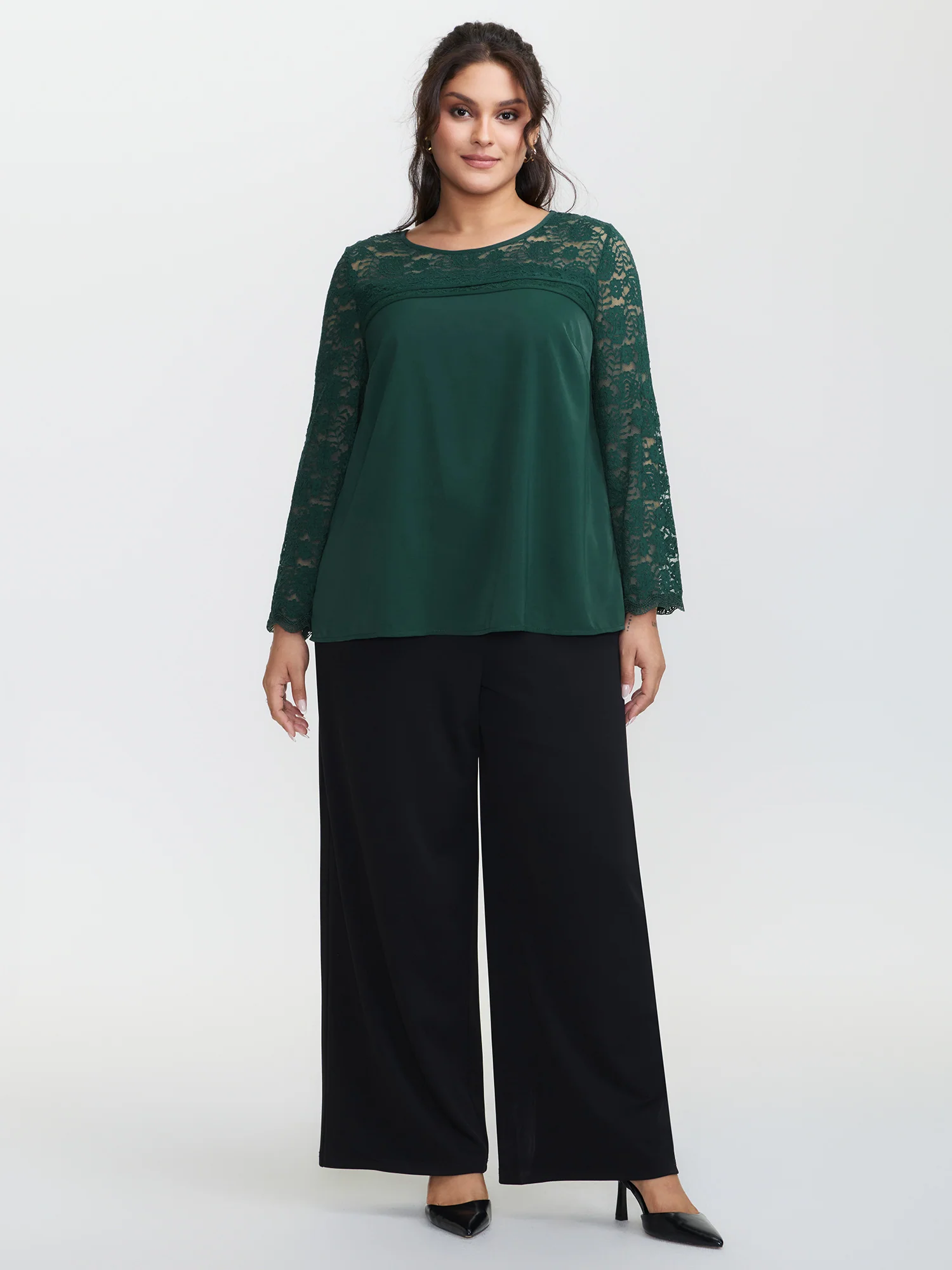 Lace Sheer Sleeve Curvy Hem Blouse