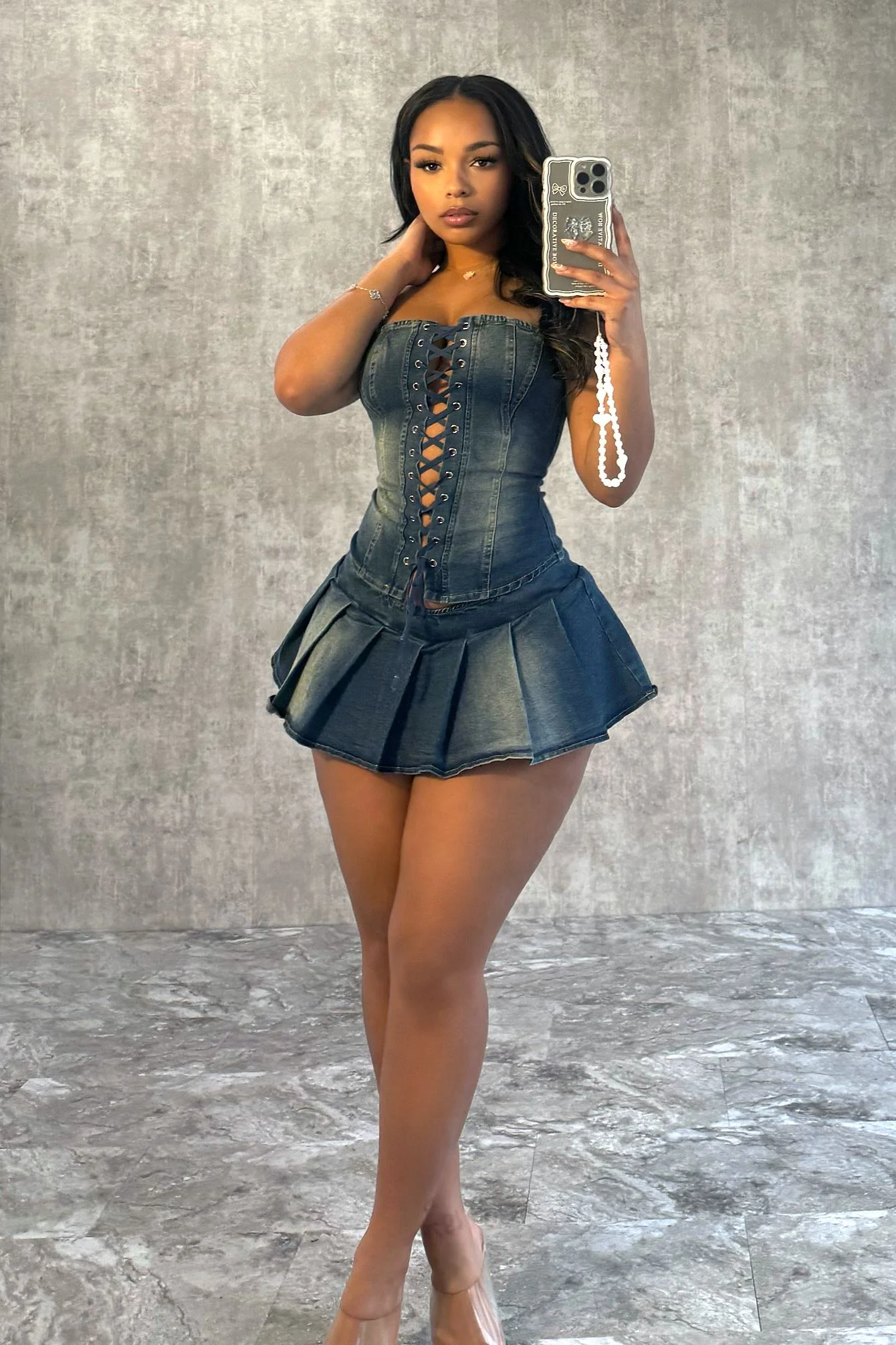 Muted Blue Denim Corset Top & Skirt SET
