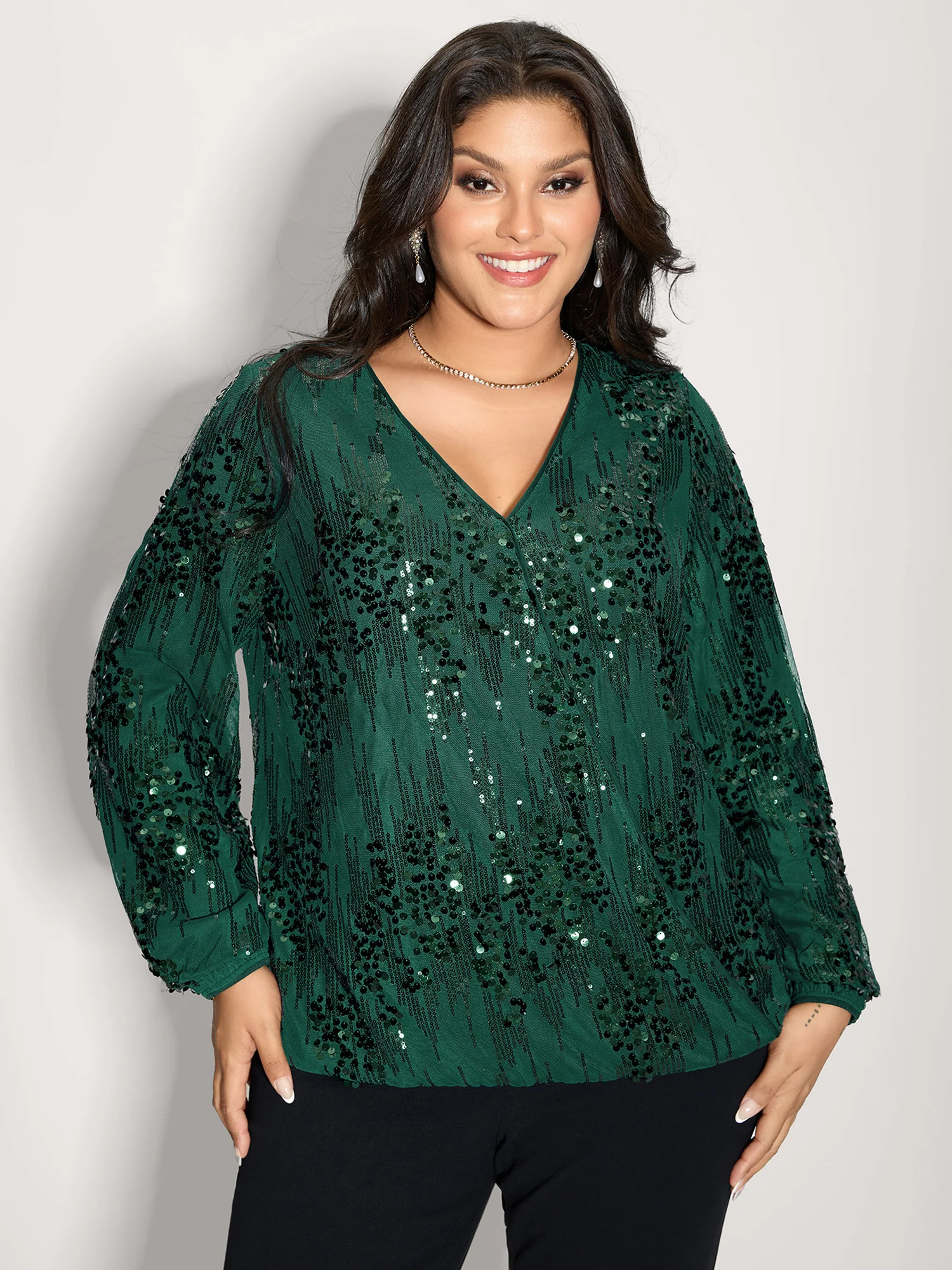 Shimmery Sequin Wrap V-Neck Blouse