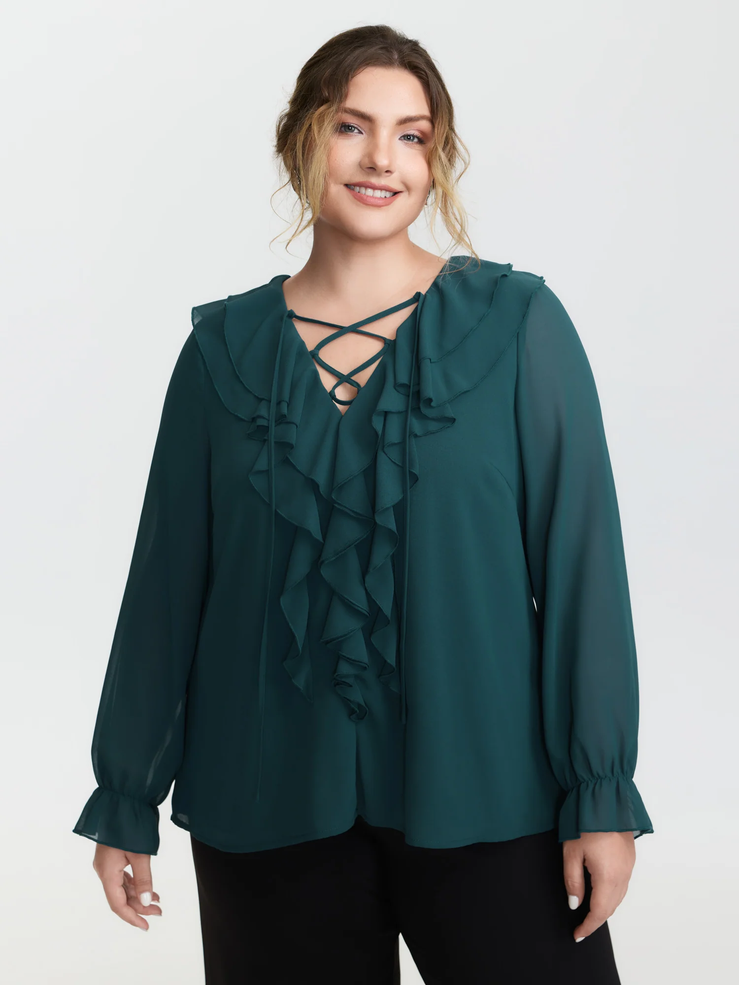 Ruffle Trim Cross-Tie Blouse