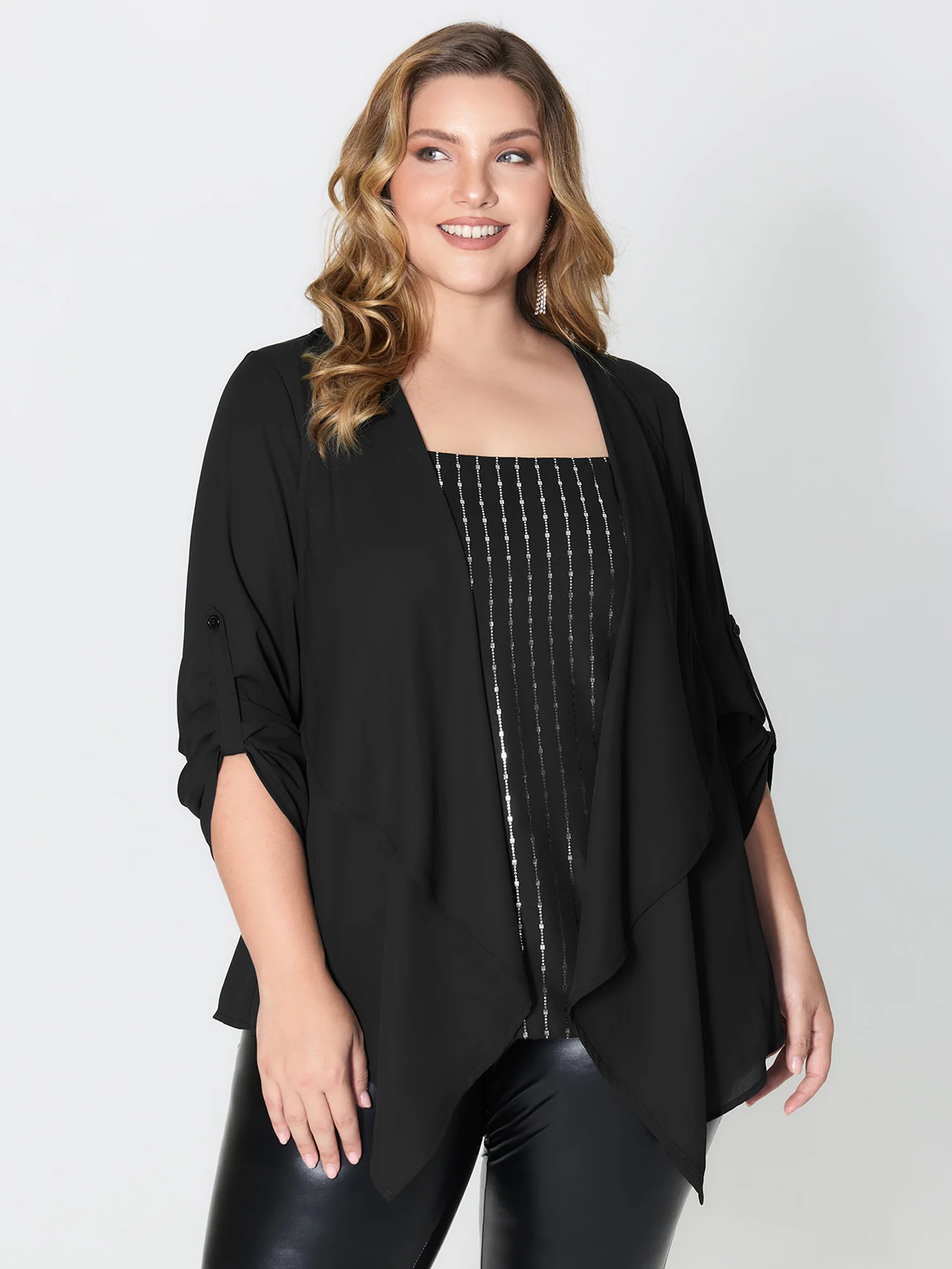 Shiny Silk Two-Piece Ruffled Blouse