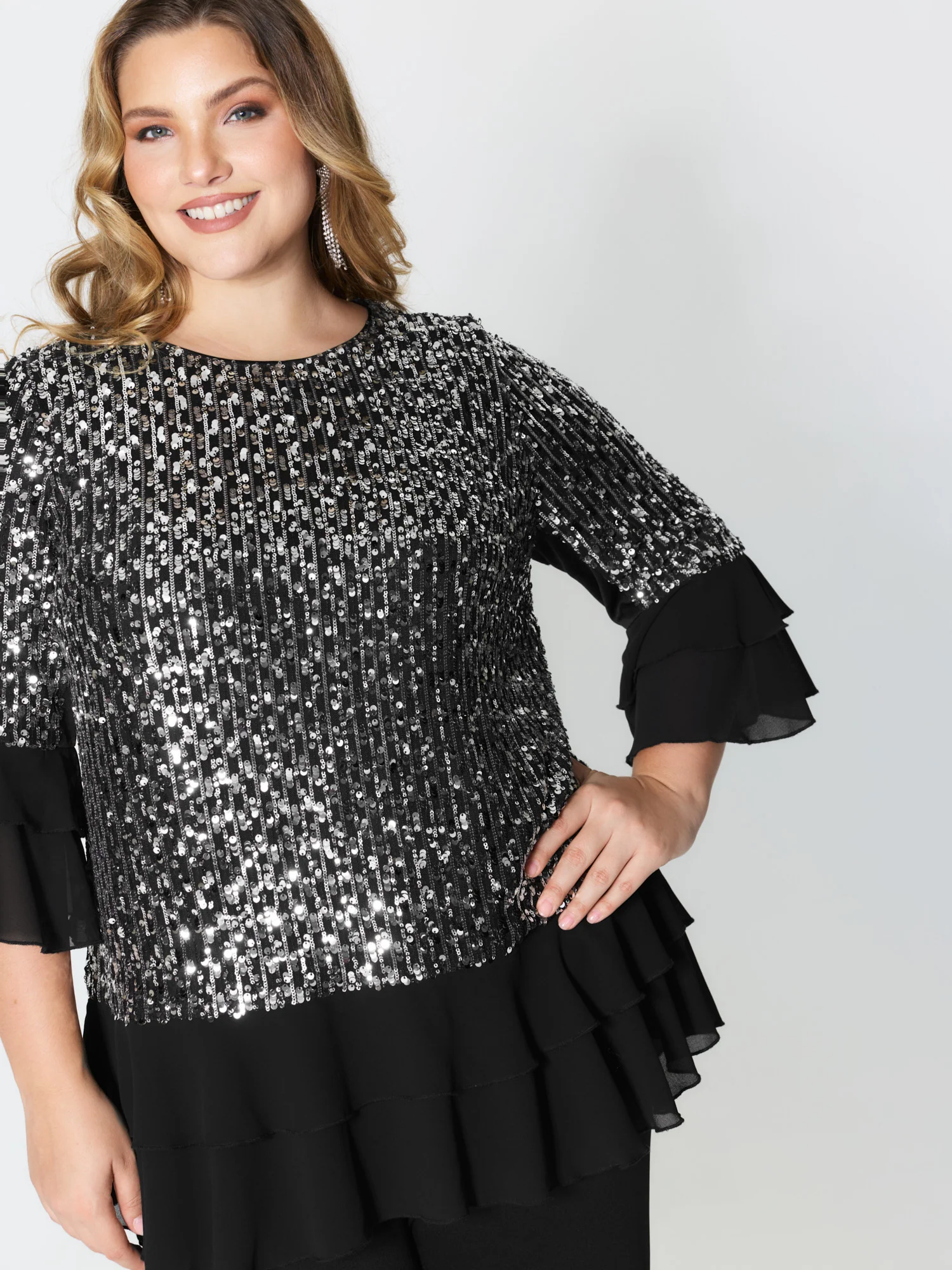 Sequin Layered Ruffled Sleeve Blouse
