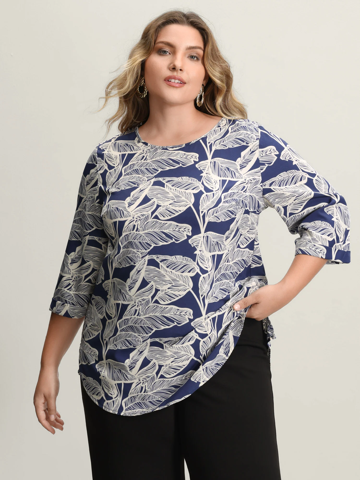 Leaf Print Button Back Blouse