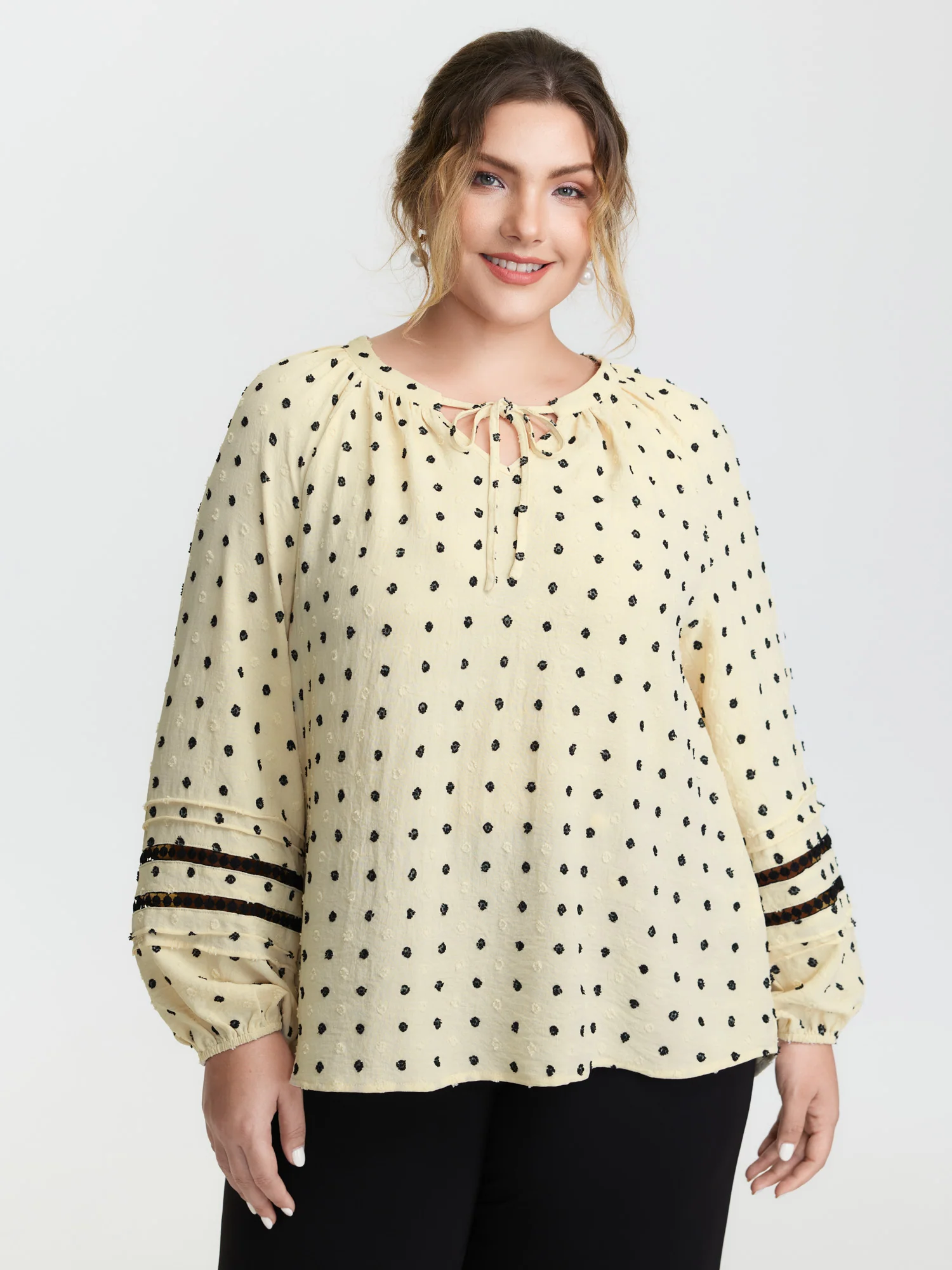 Polka Dots Neckline Tie Lace Blouse