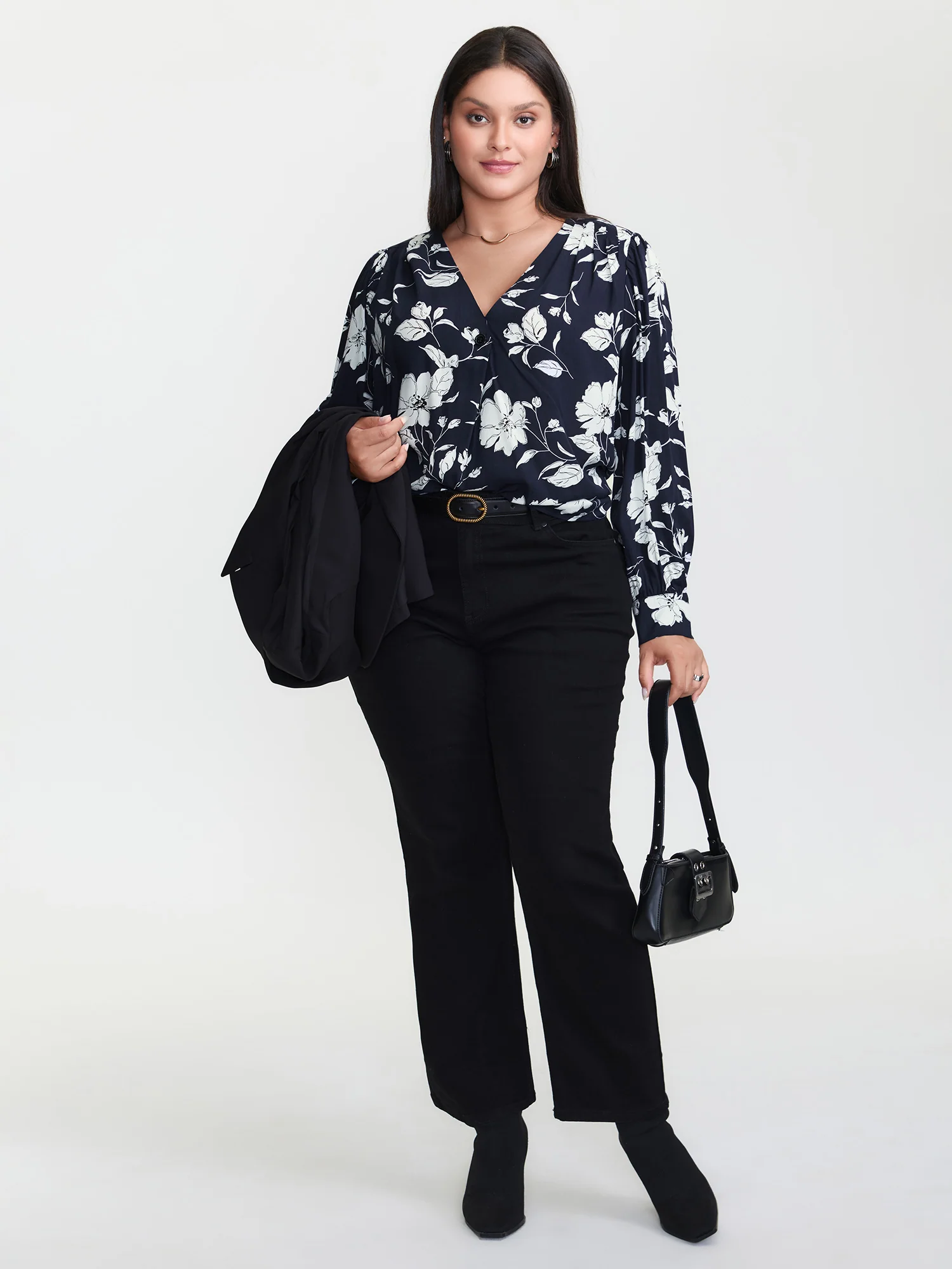 Silhouette Flower Pleated Shoulder Blouse