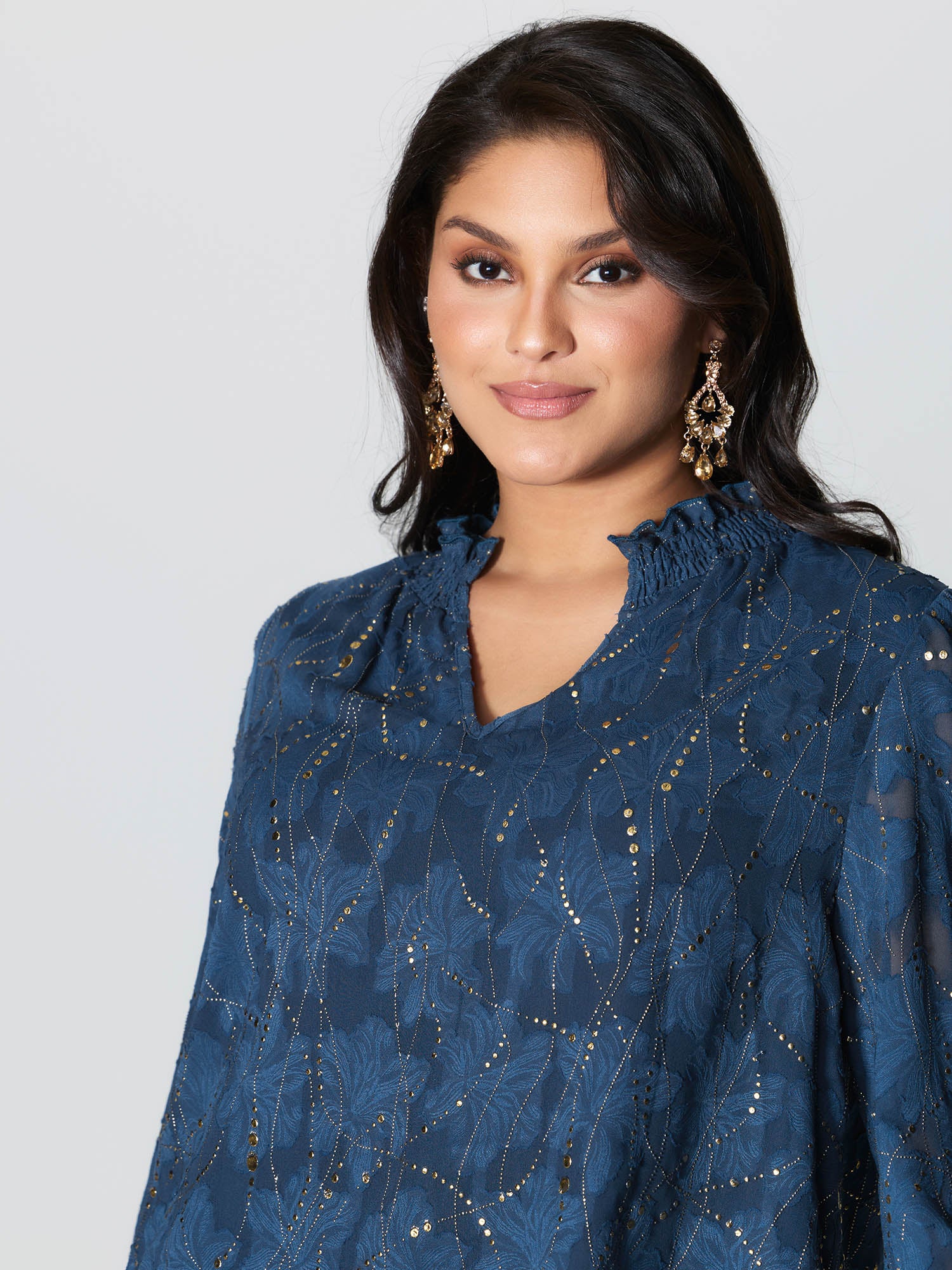 Gold Stamp Ruffled Neck Blouse