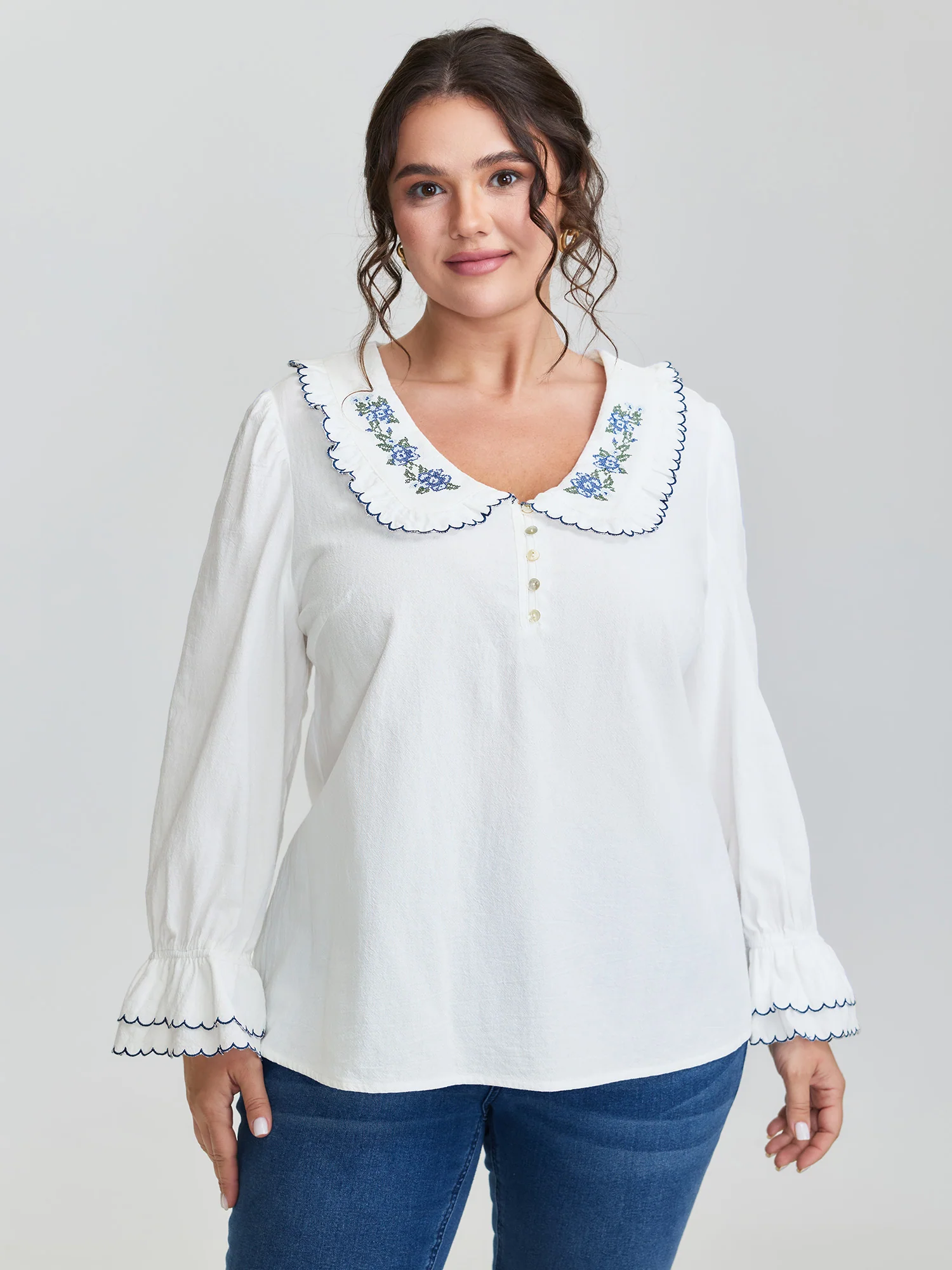 Pure Cotton Embroidered Doll Collar Blouse