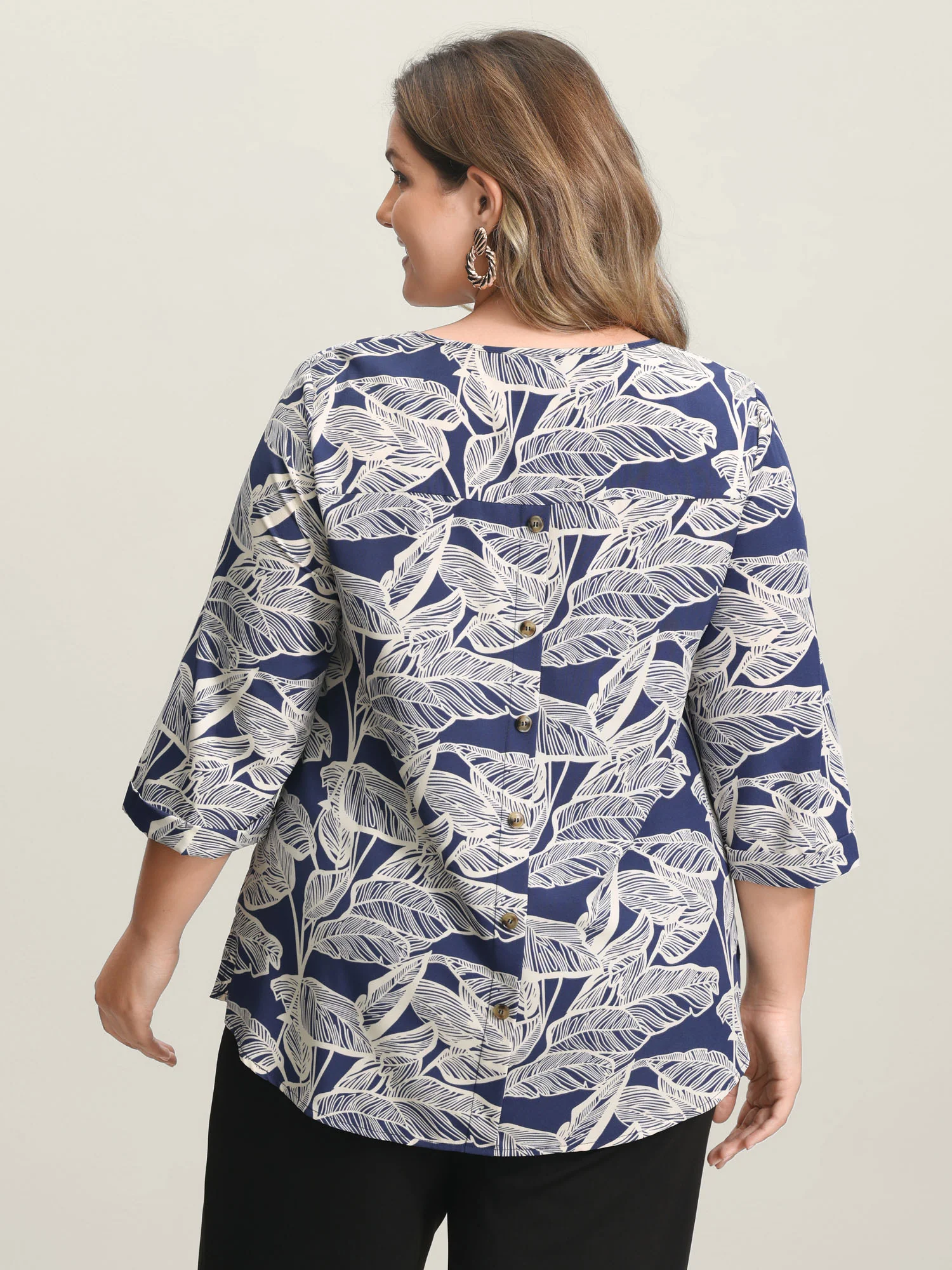 Leaf Print Button Back Blouse
