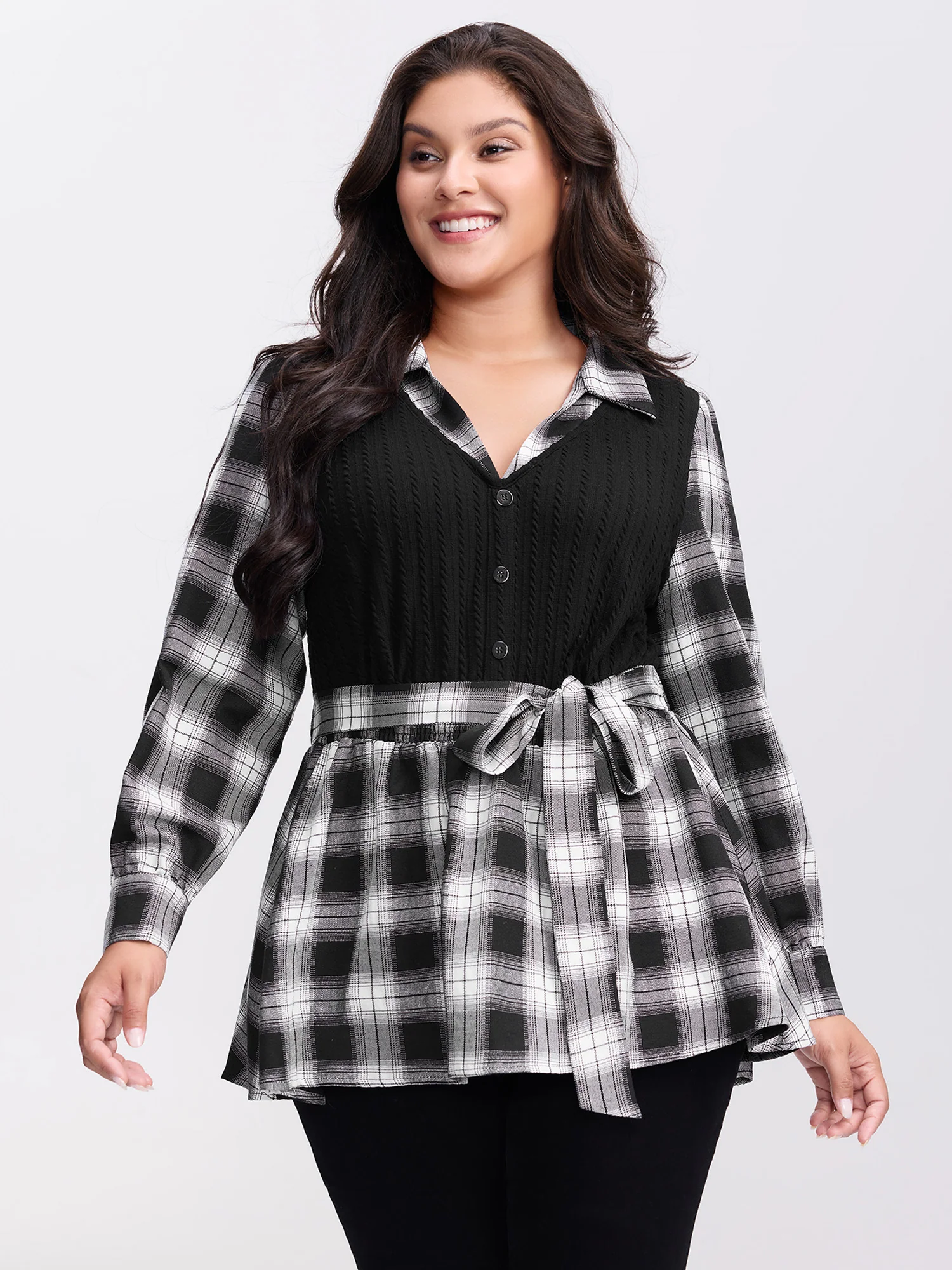 Checkered Faux-Layered Button Detail Blouse