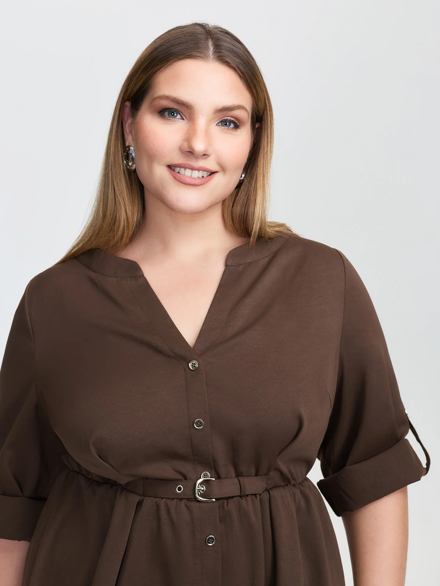 Waist Defining Tab Sleeve Blouse