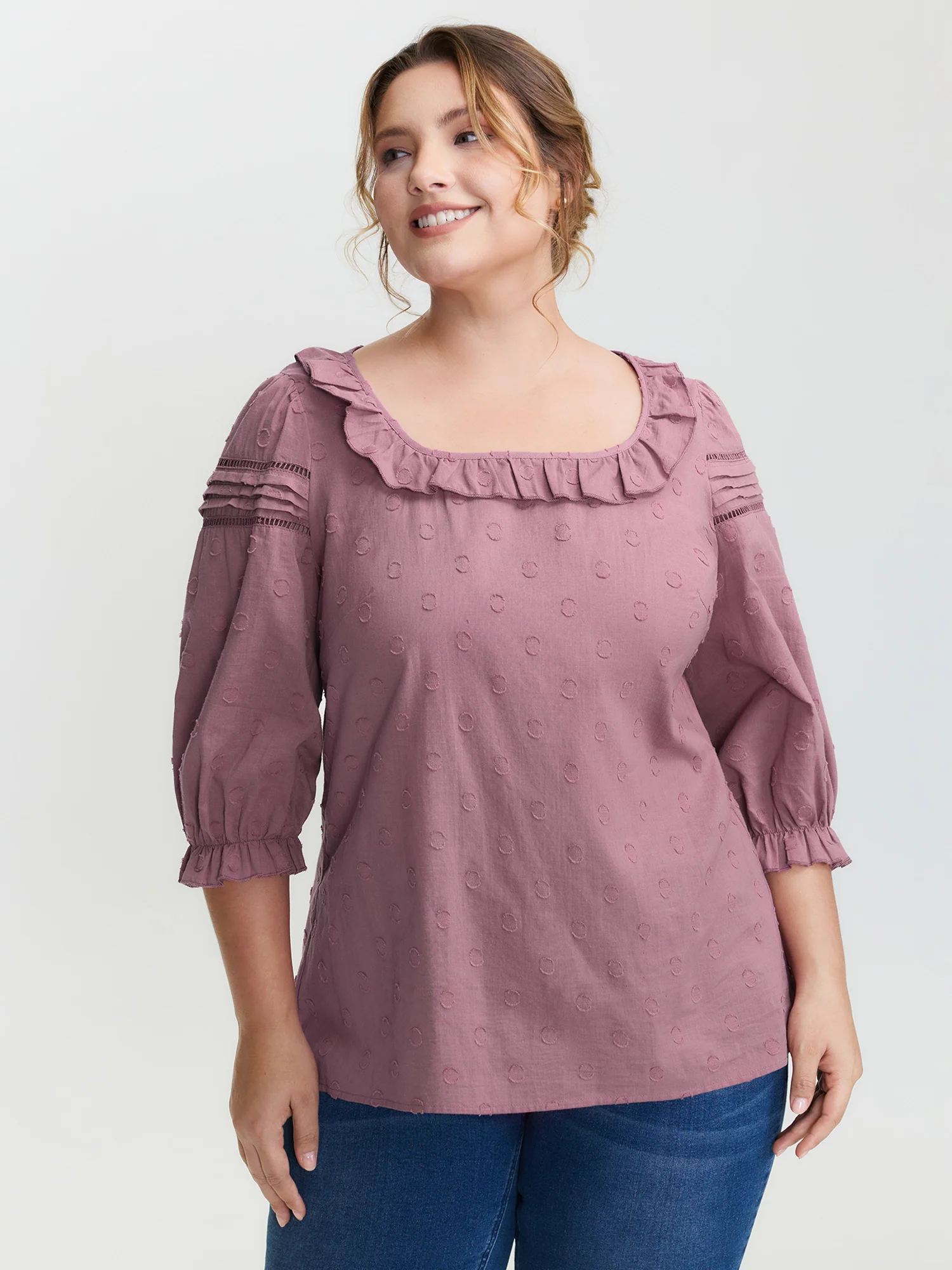 Cotton Textured Jacquard Puffy Sleeve Blouse