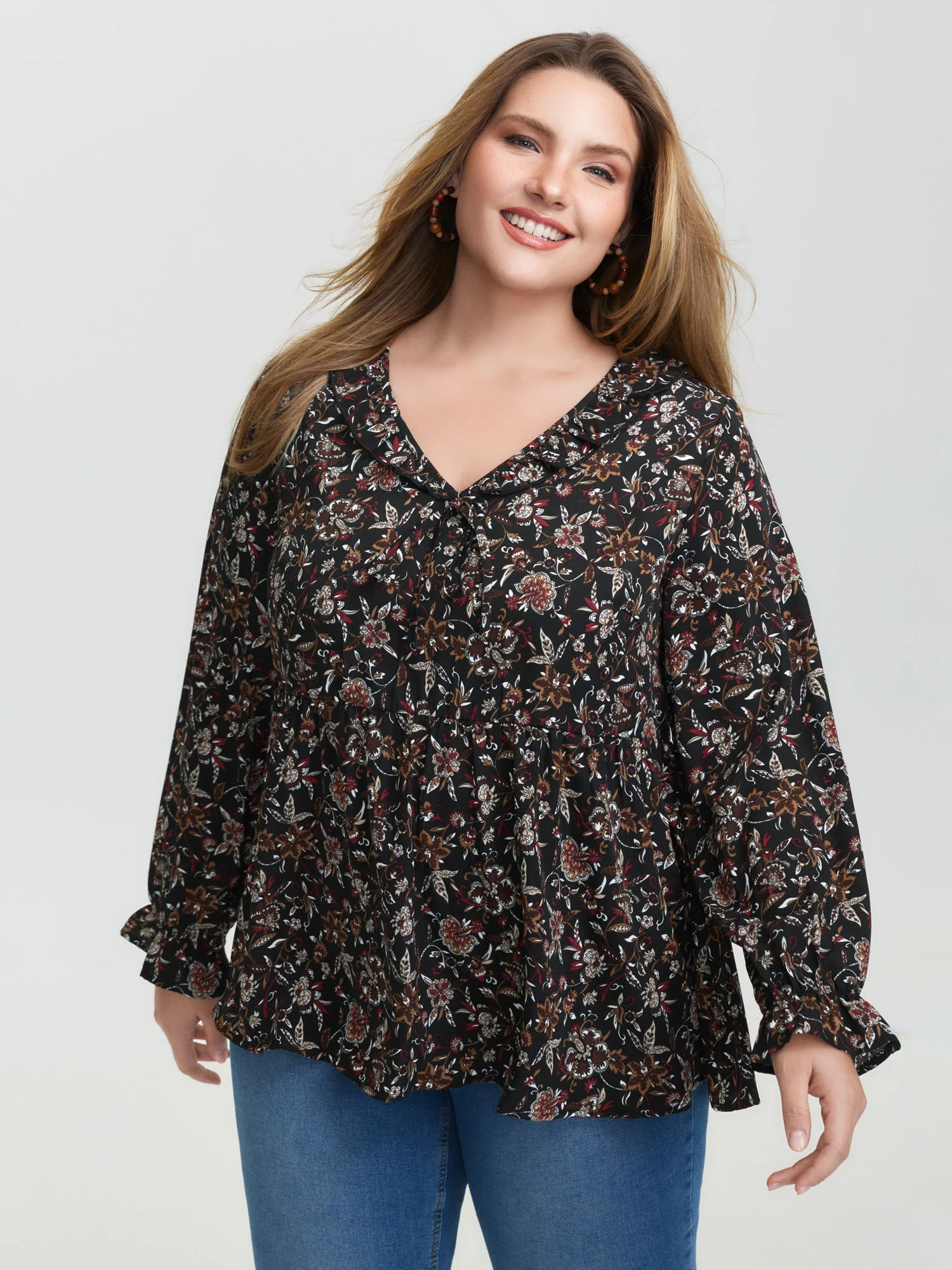 Floral Print Ruffled Neck Blouse