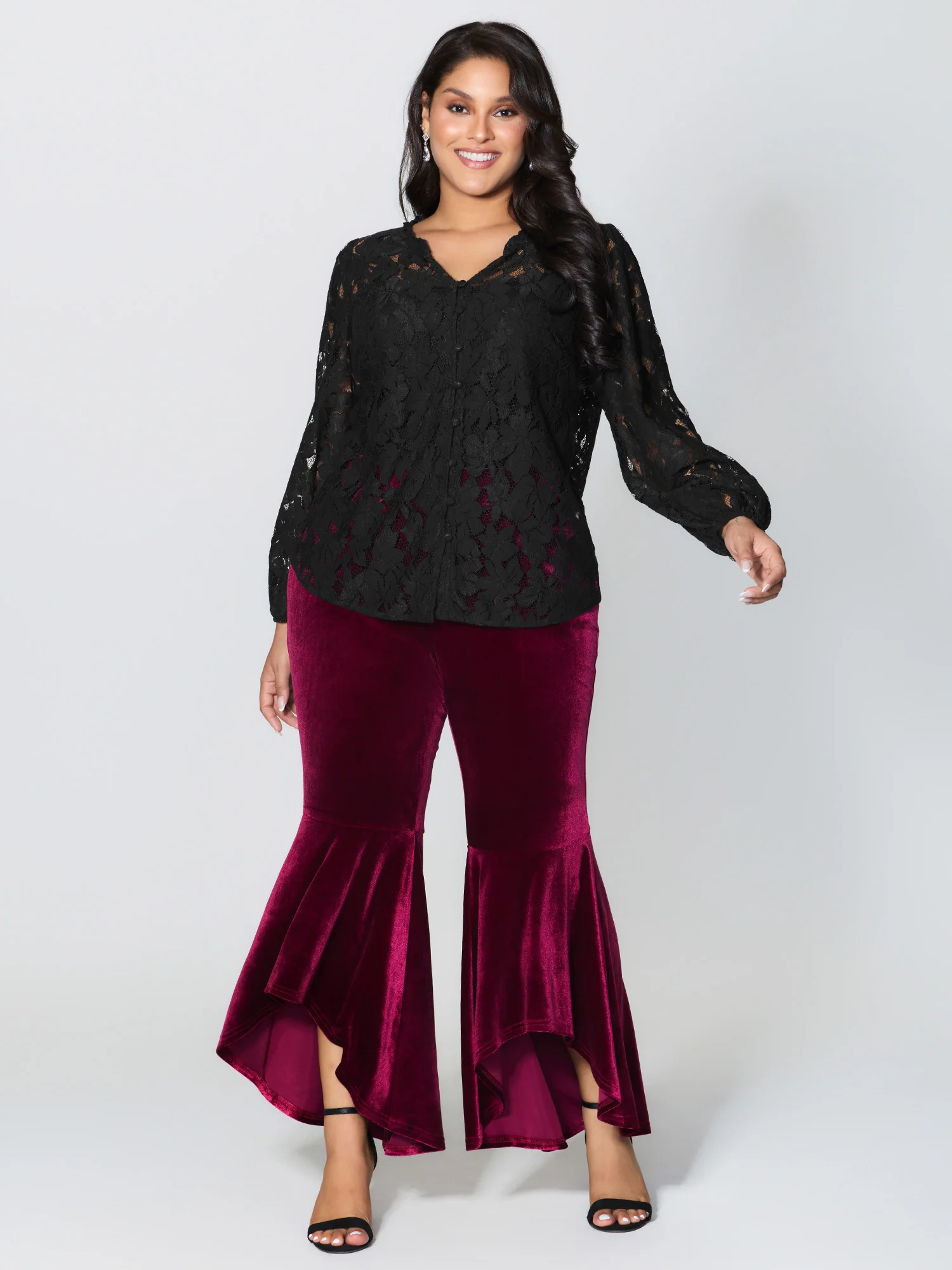 Lace Trim Sheer Ruffled Collar Button Shirt