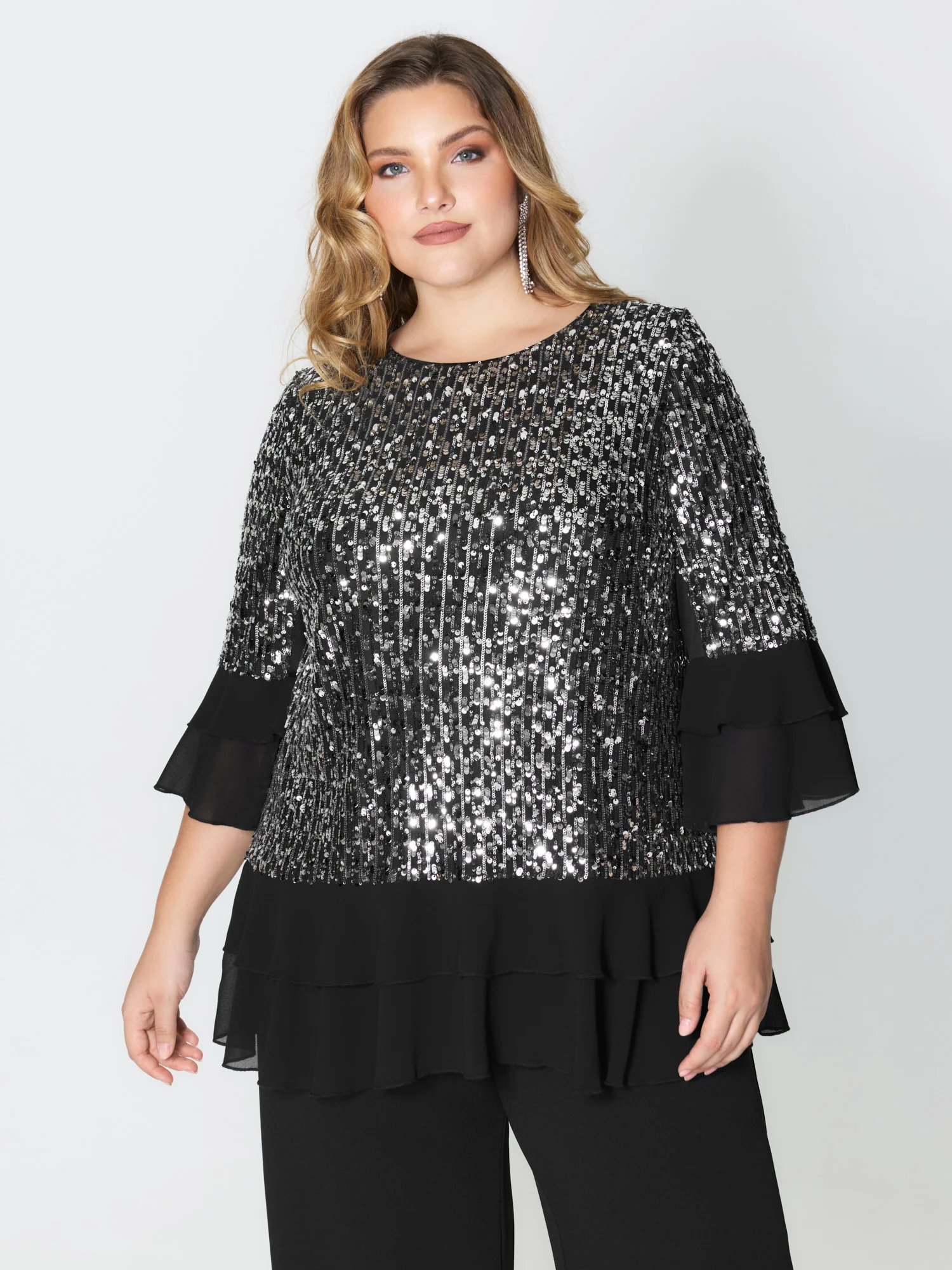 Sequin Layered Ruffled Sleeve Blouse