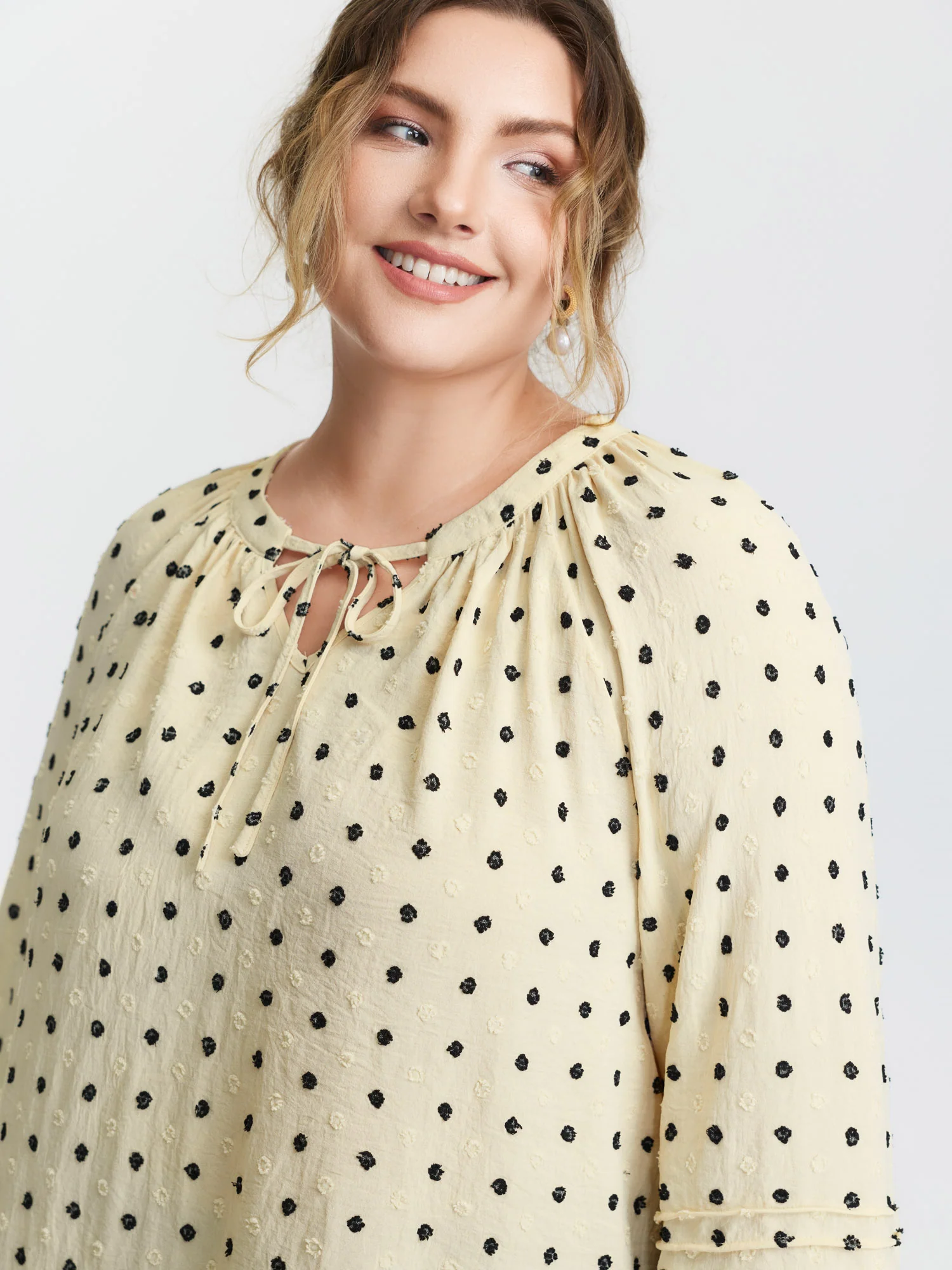 Polka Dots Neckline Tie Lace Blouse