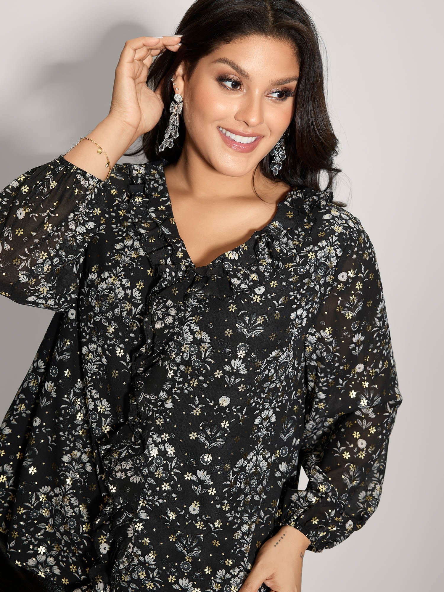 Floral Sequin Ruffled Edge Blouse