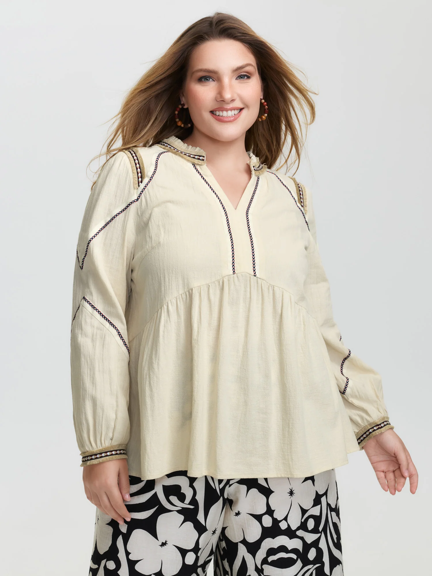 Cotton Contrast Webbing Notched Collar Blouse