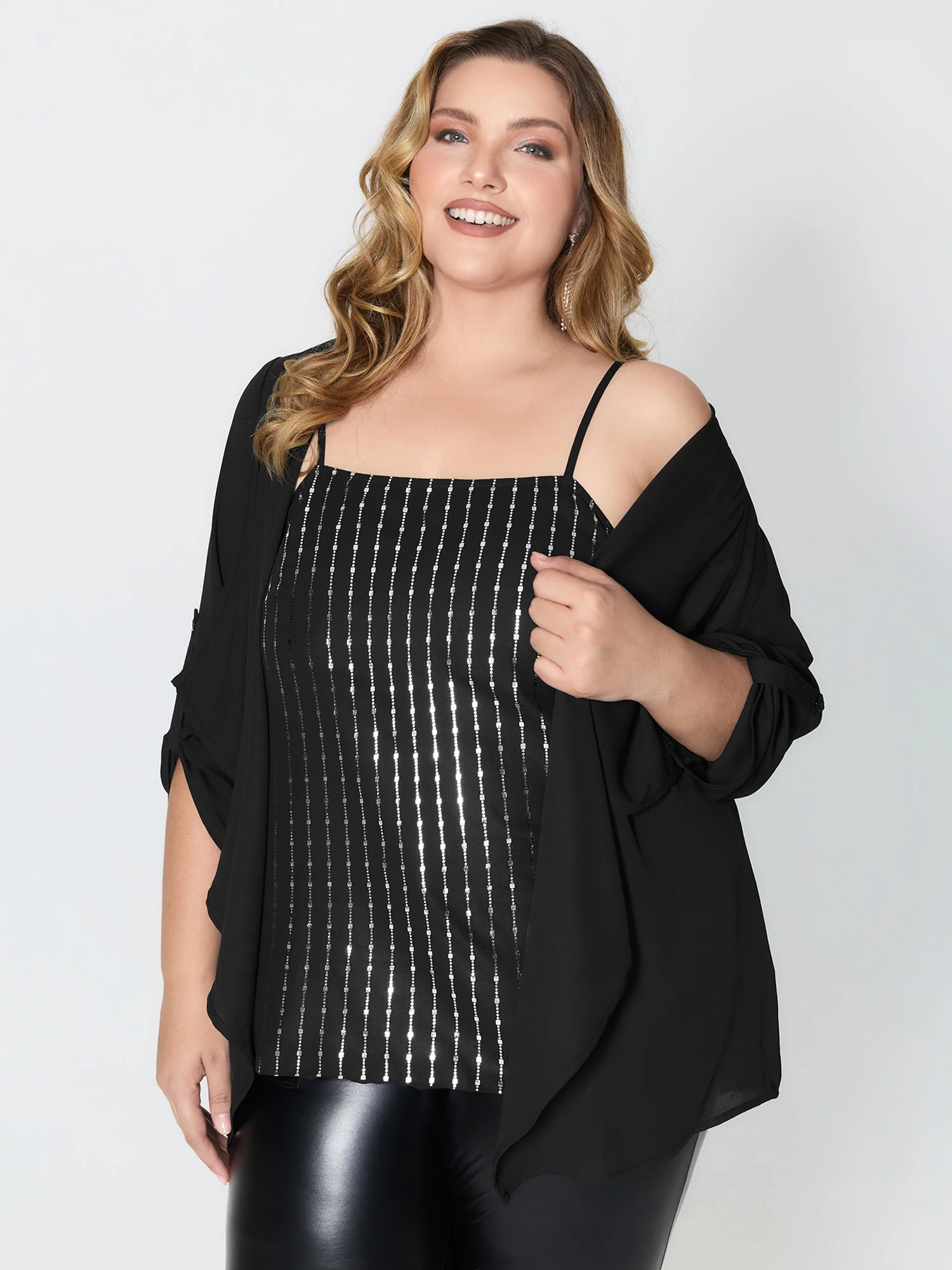 Shiny Silk Two-Piece Ruffled Blouse