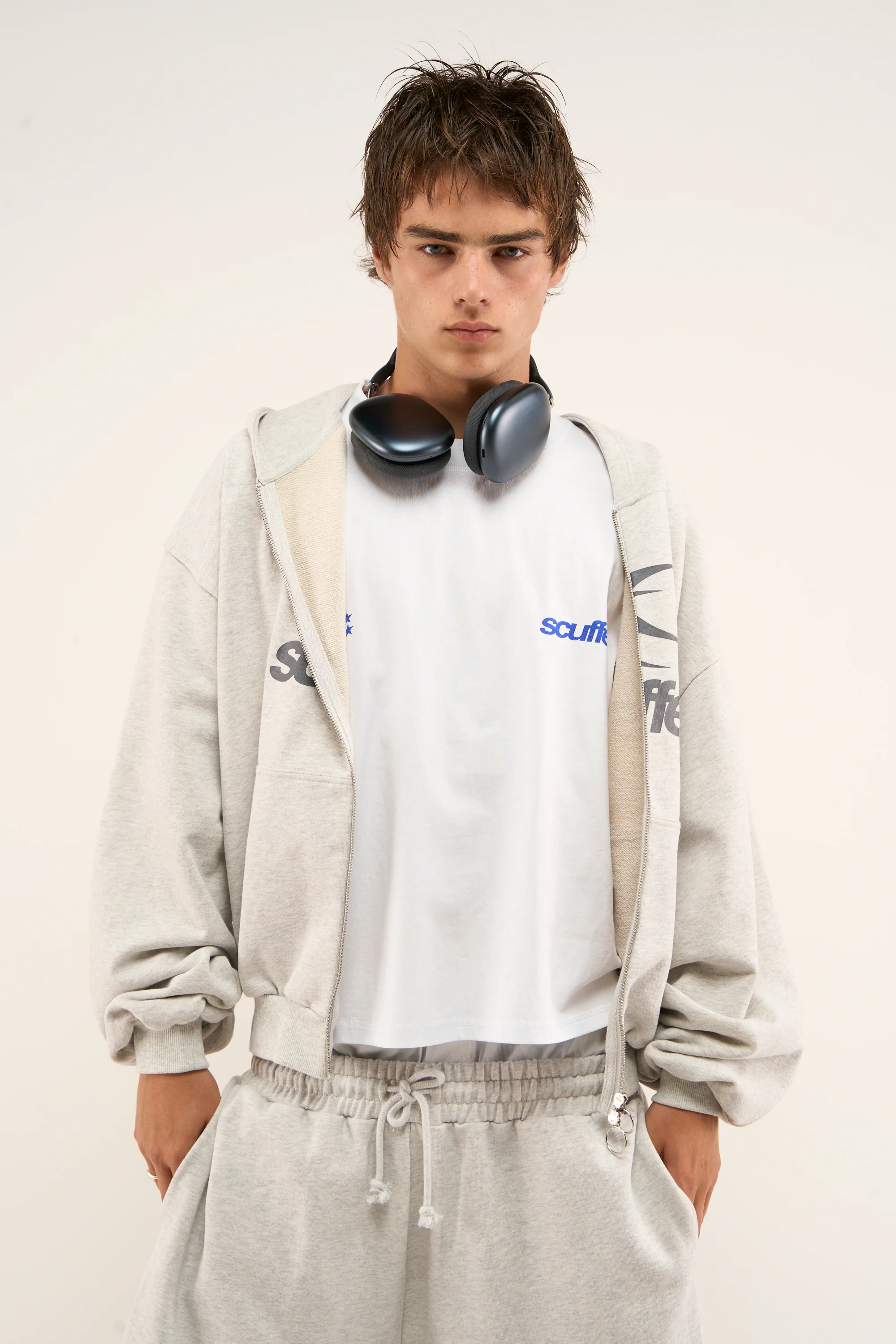 Logo Grey Melange Zipped Hoodie