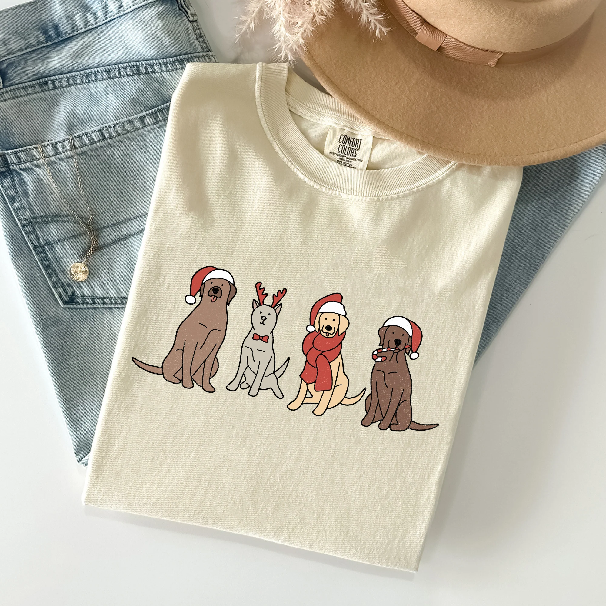 Adorable Christmas Dogs, Reindeer, Santa, Retro, Xmas Tshirt Comfort Colors T-Shirt