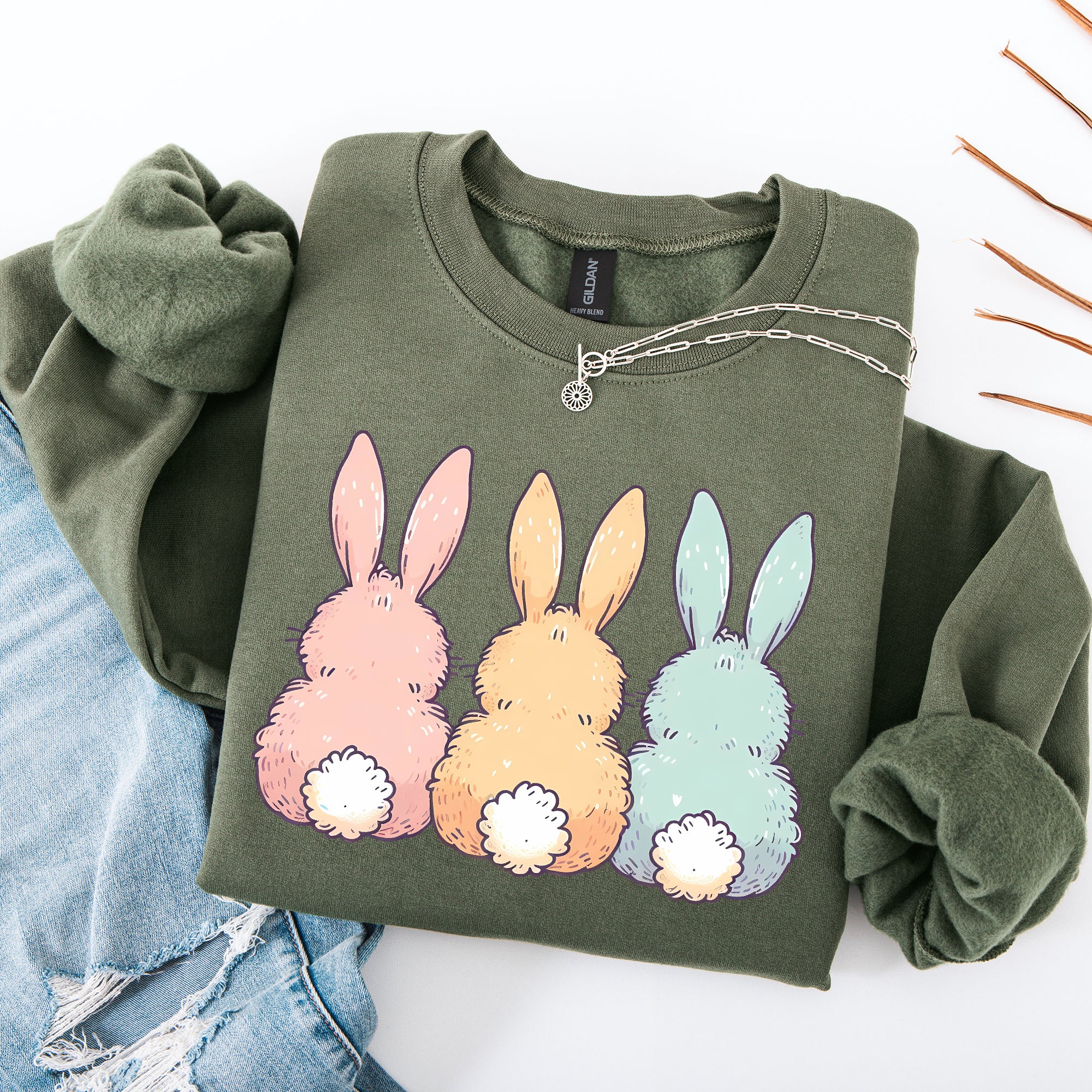 Adorable Bunnies In A Row, Easter, Bunny, Jesus, Rabbit, Holiday Sweatshirt