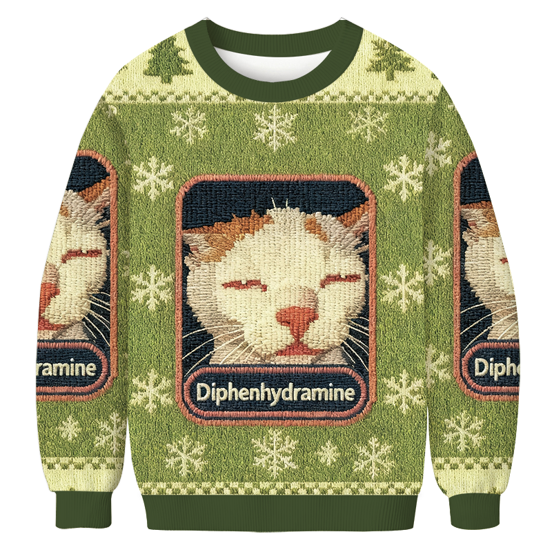 Green Drowsy Cat Meme Christmas Ugly Sweatshirt