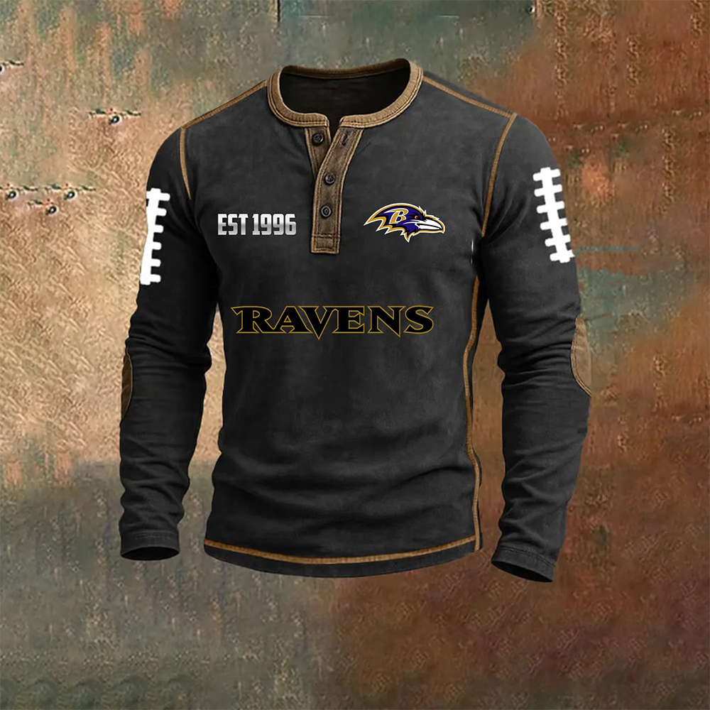 Men’s  Baltimore Ravens NFL Henley Long Sleeve Shirt – Classic Team Style Casual Top
