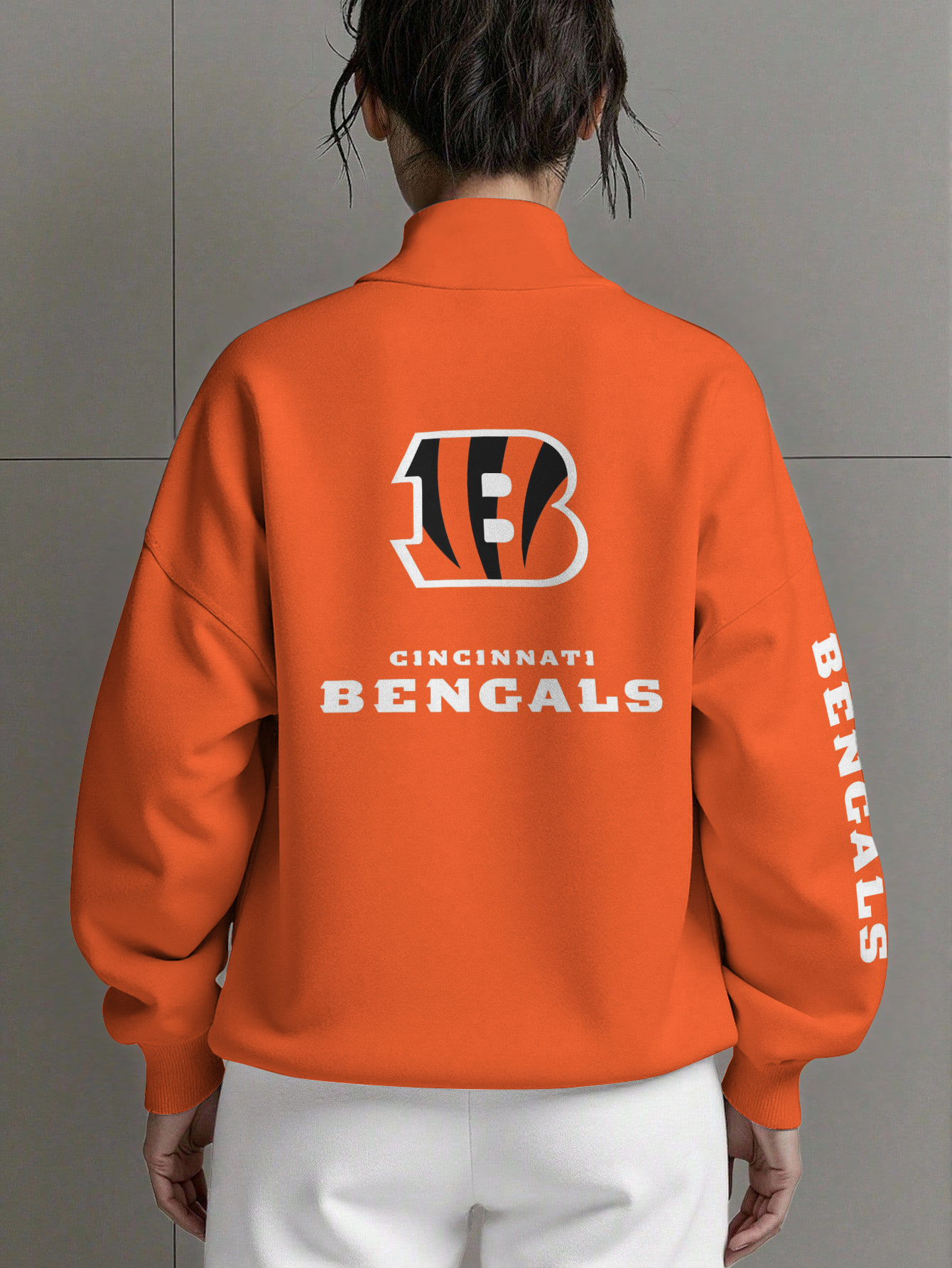 Cincinnati Bengals  Women Plain Color Zip Up Long Sleeve Sweatshirt