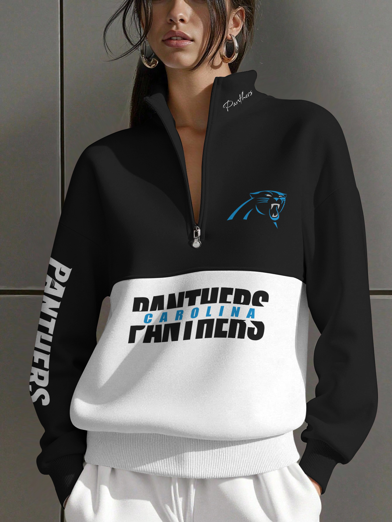 Carolina Panthers  Women Plain Color Zip Up Long Sleeve Sweatshirt