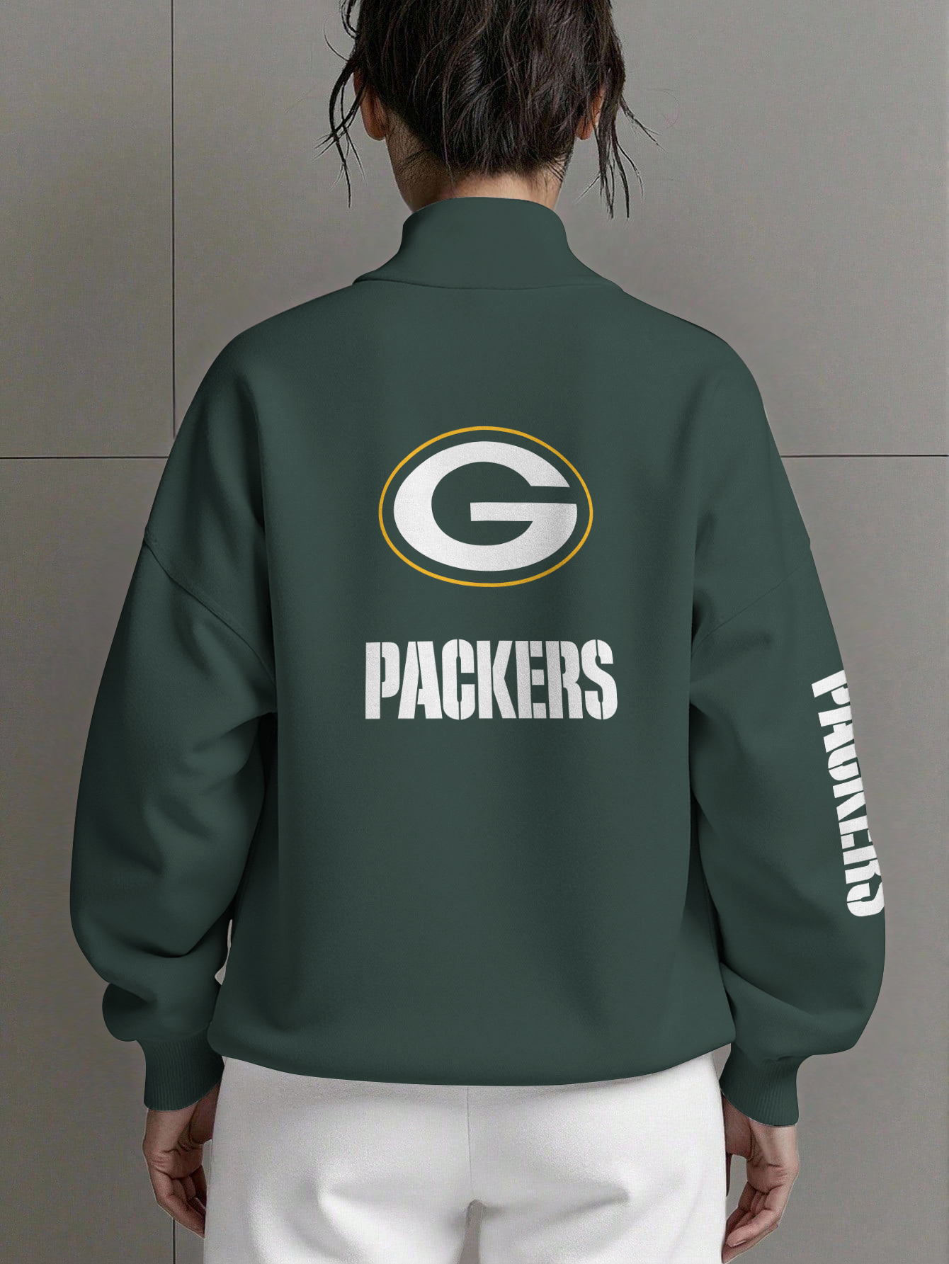 Green Bay Packers  Women Plain Color Zip Up Long Sleeve Sweatshirt