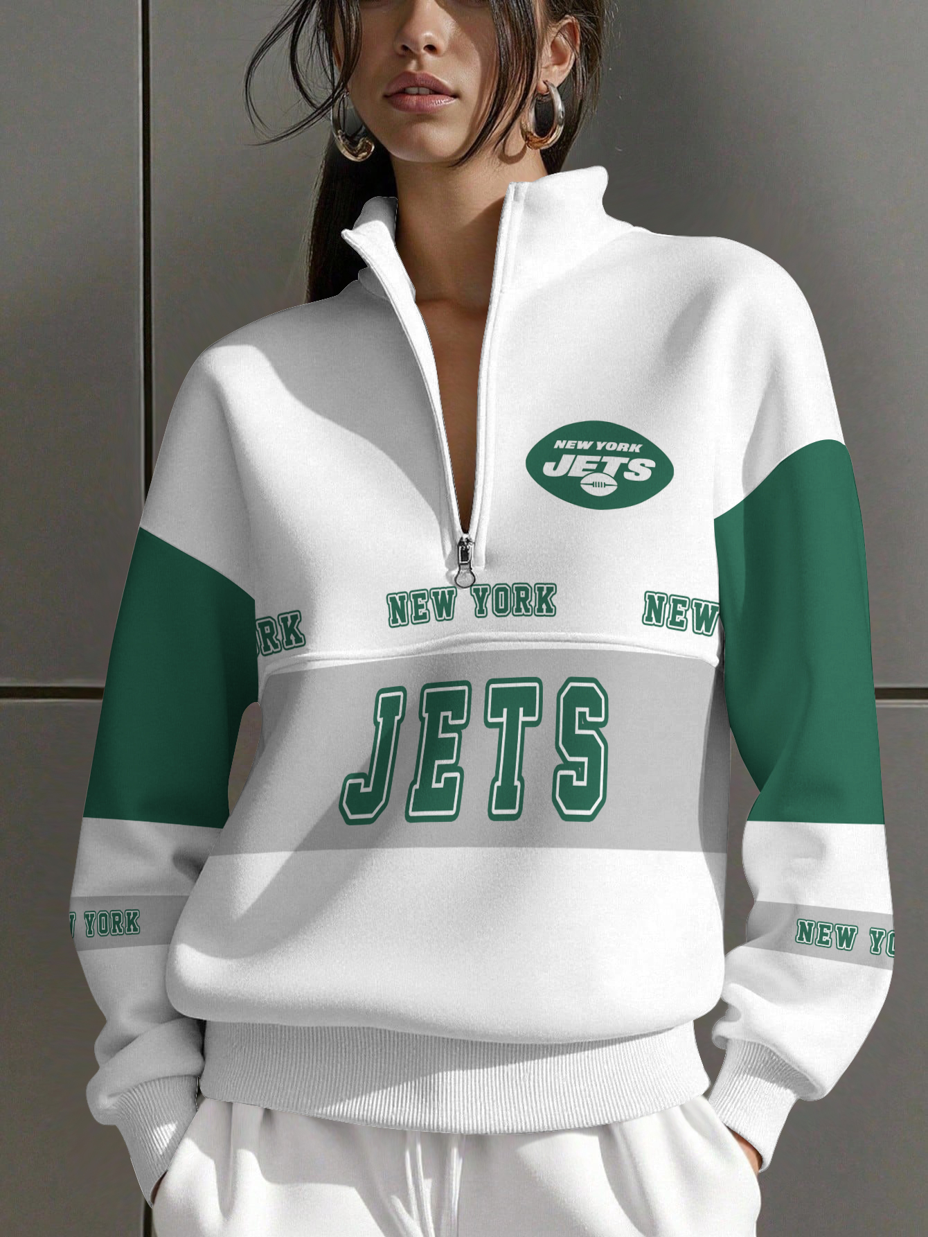 New York Jets  Women Plain Color Zip Up Long Sleeve Sweatshirt