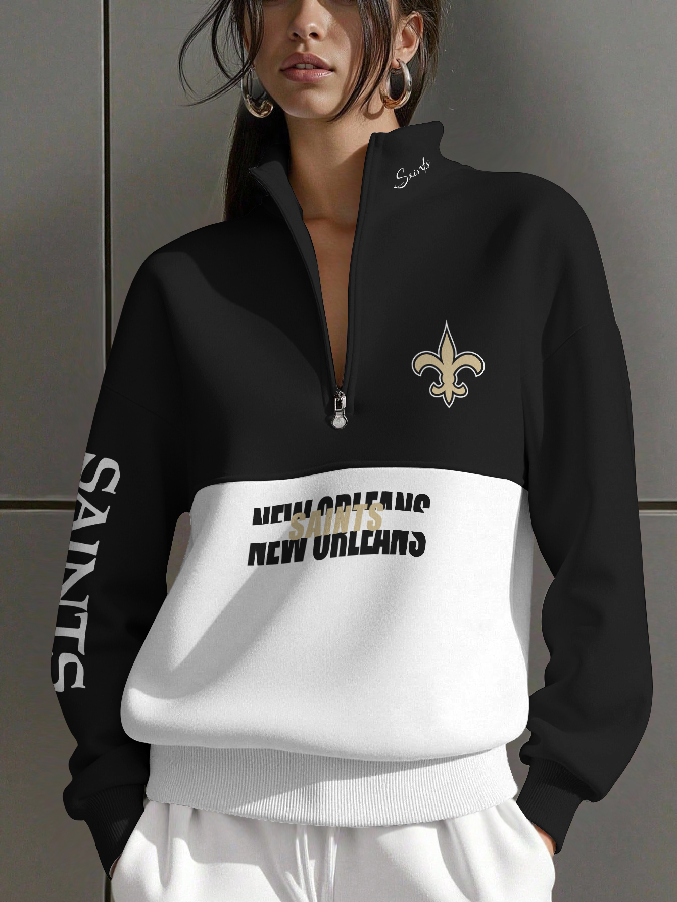 New Orleans Saints Women Plain Color Zip Up Long Sleeve Sweatshirt