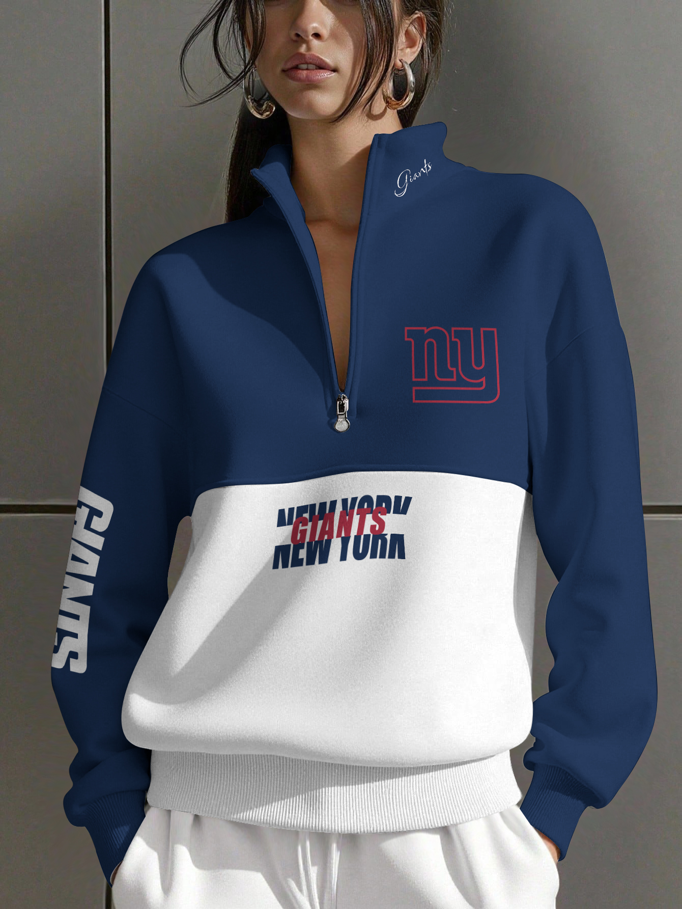 New York Giants Women Plain Color Zip Up Long Sleeve Sweatshirt