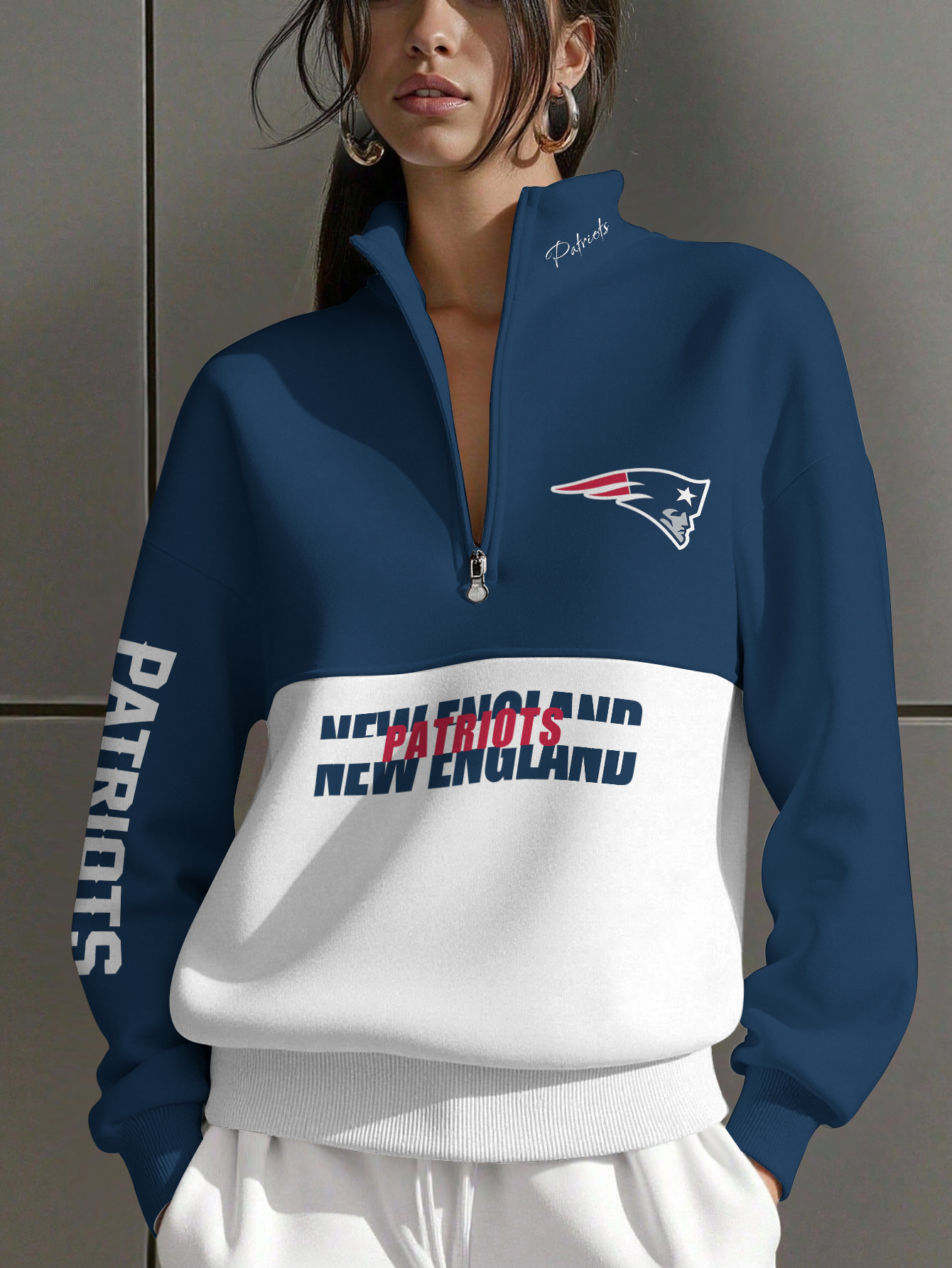 New England Patriots Women Plain Color Zip Up Long Sleeve Sweatshirt