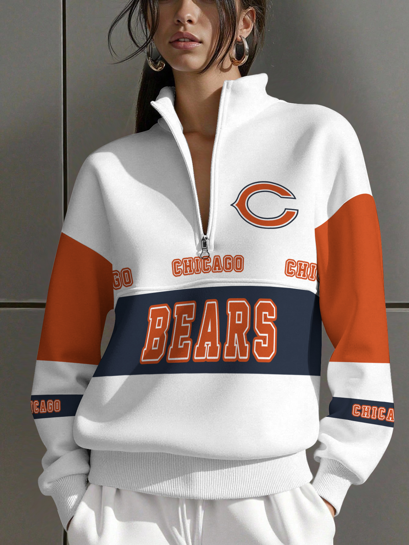 Chicago Bears  Women Plain Color Zip Up Long Sleeve Sweatshirt